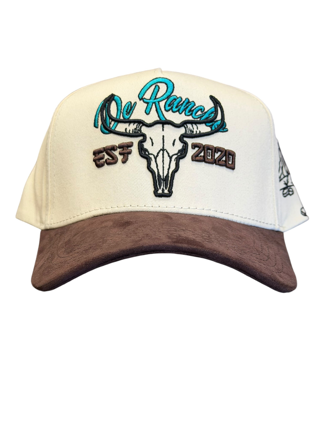 Western Ranch Bull Skull Hat | Embroidered Trucker Cap | Cream &amp; Brown Cowboy Cap
