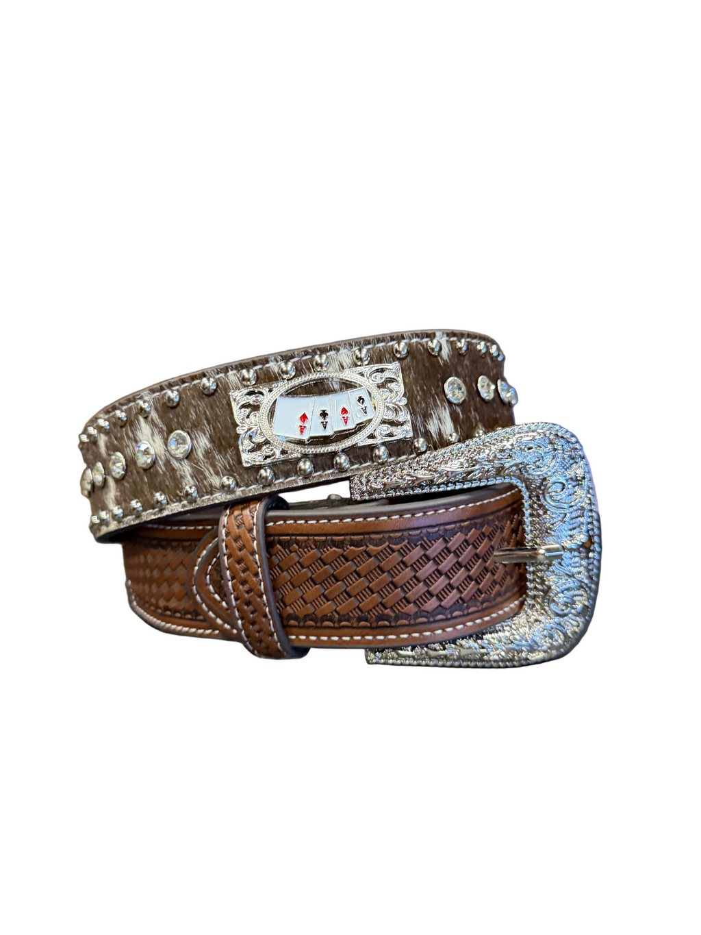 Western Cowhide Playing Card Brown Belt – Rhinestone Studded Buckle Belt