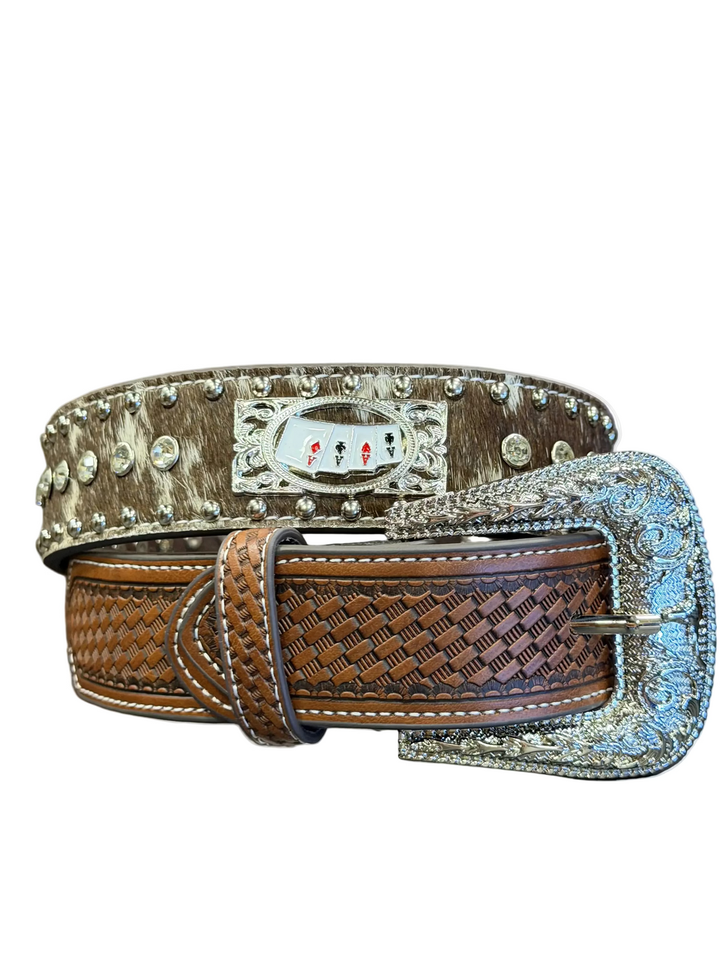 Western Cowhide Playing Card Brown Belt – Rhinestone Studded Buckle Belt