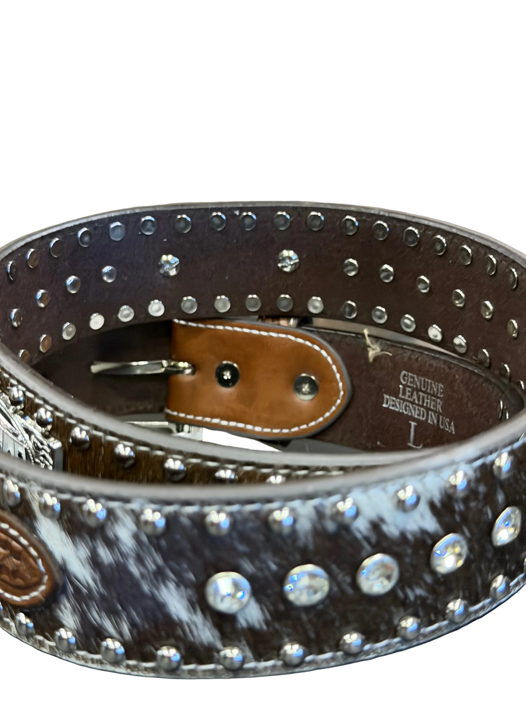 Western Cowhide Playing Card Brown Belt – Rhinestone Studded Buckle Belt