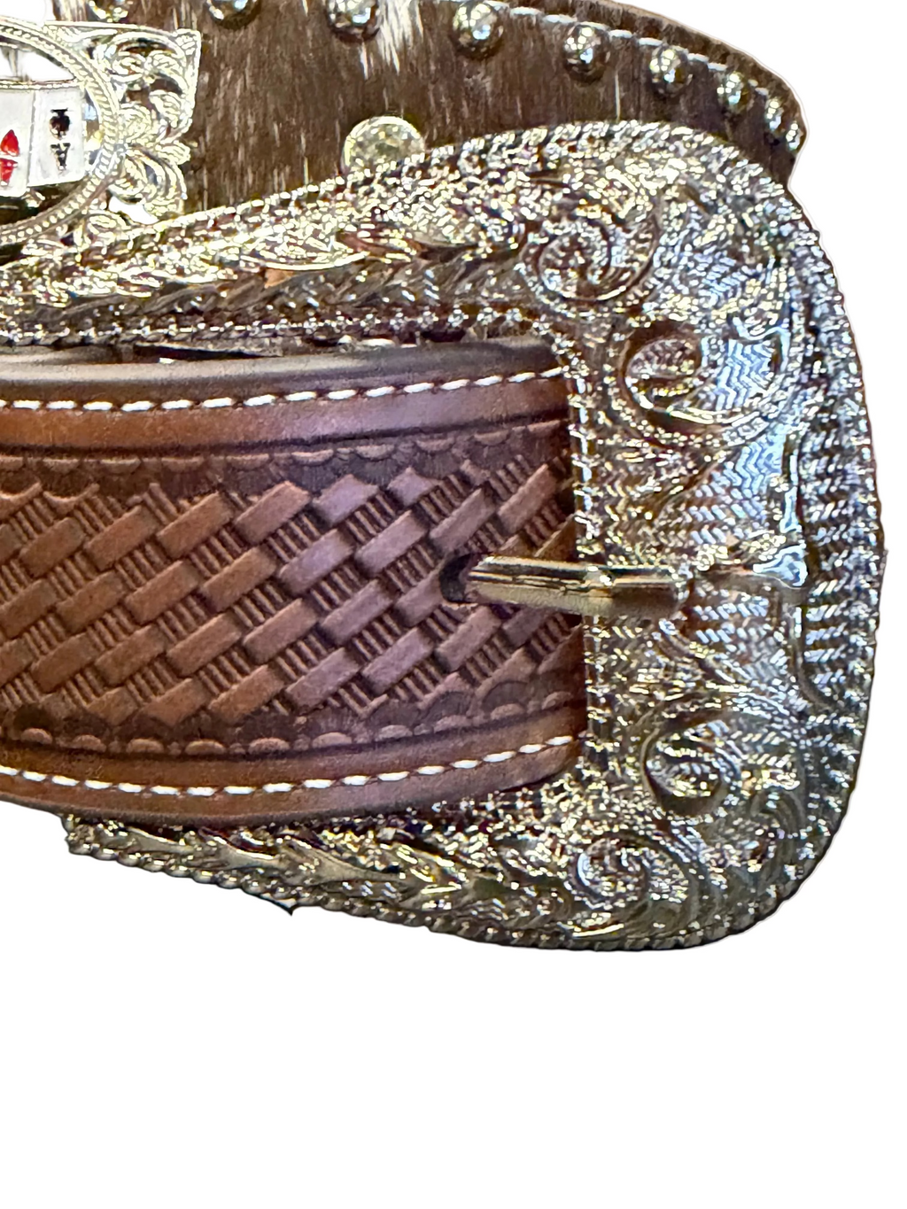 Western Cowhide Playing Card Brown Belt – Rhinestone Studded Buckle Belt