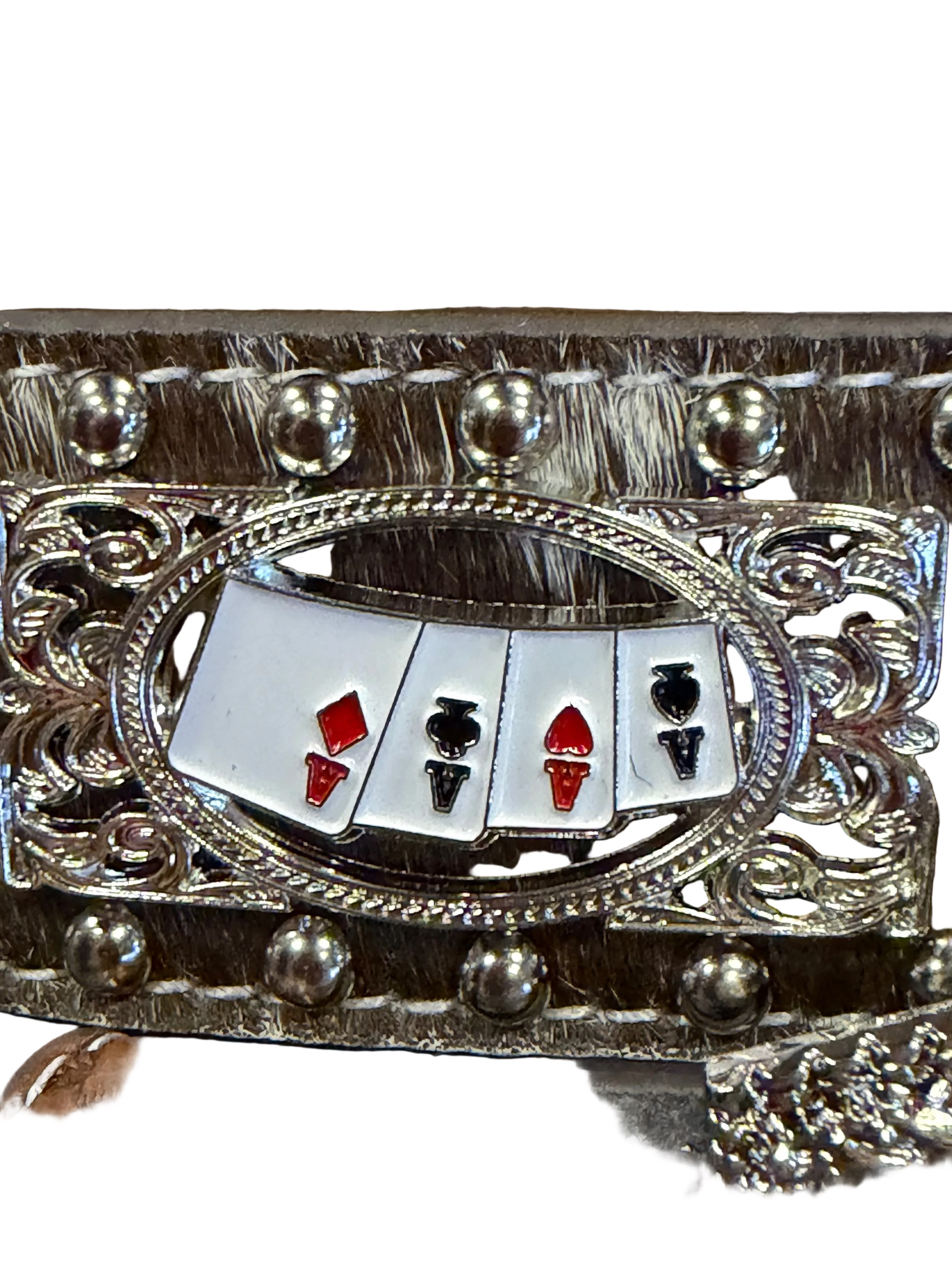 Western Cowhide Playing Card Brown Belt – Rhinestone Studded Buckle Belt