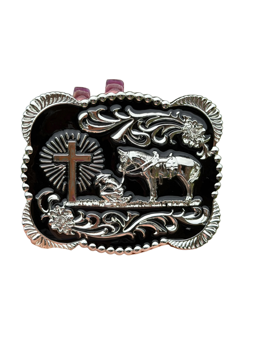 Western Cowboy Belt Buckle Cross &amp; Horse Engraved | Silver Black Rodeo Style