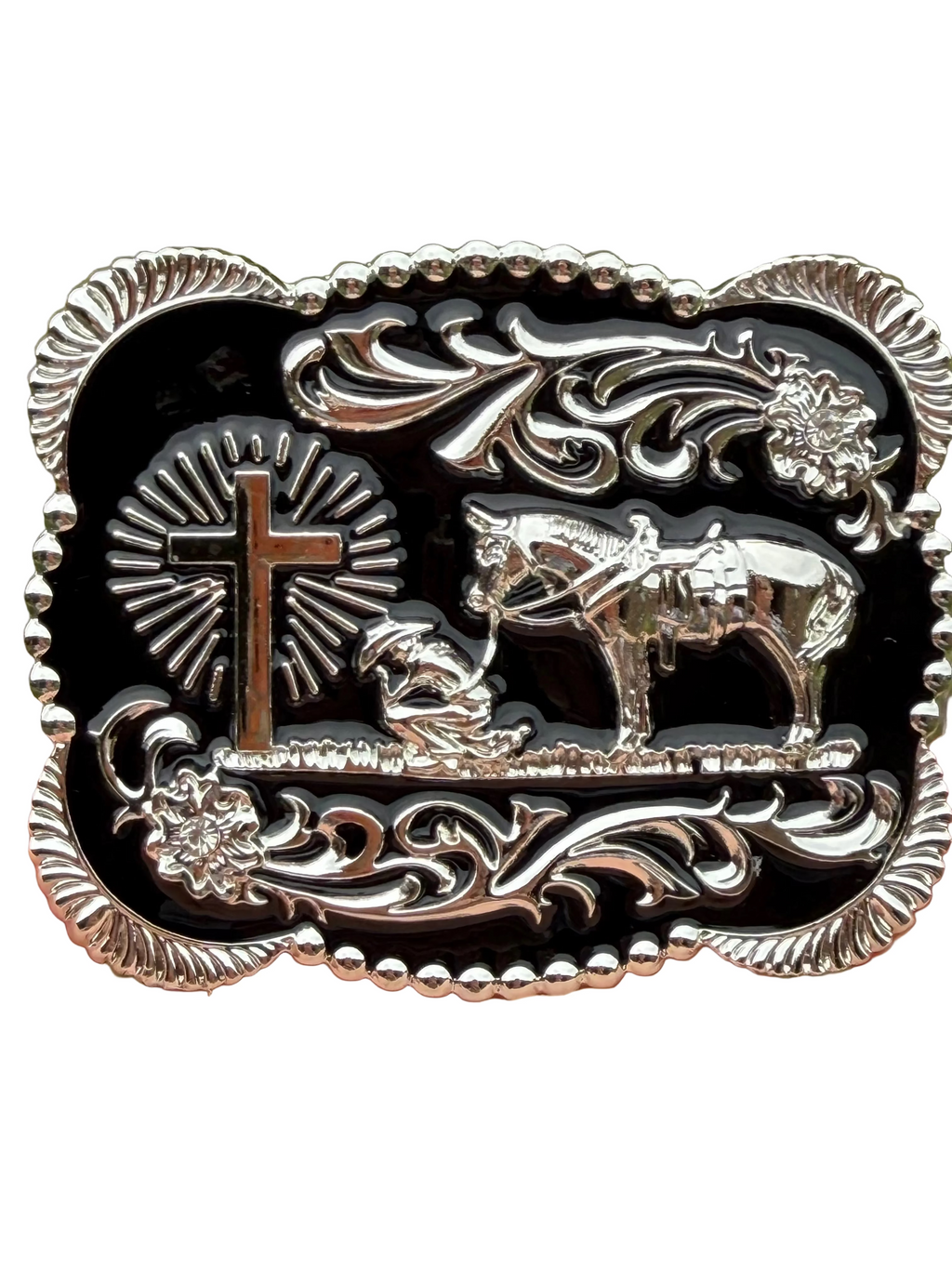 Western Cowboy Belt Buckle Cross &amp; Horse Engraved | Silver Black Rodeo Style