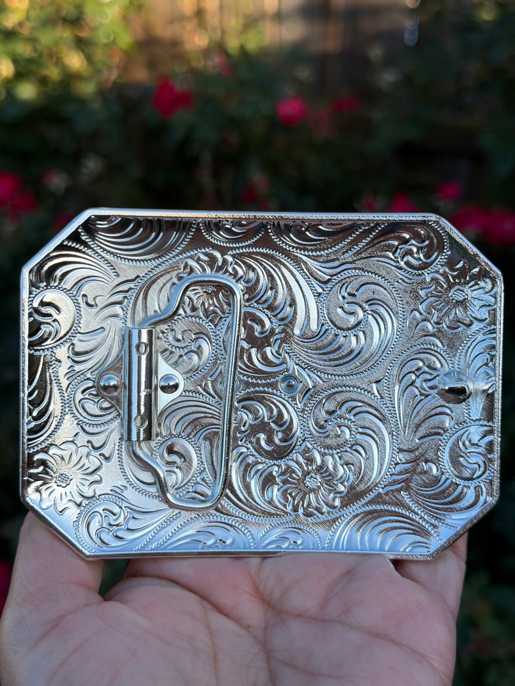 Western Virgin Mary Belt Buckle – Silver &amp; Gold Tone Engraved Cowboy Buckle