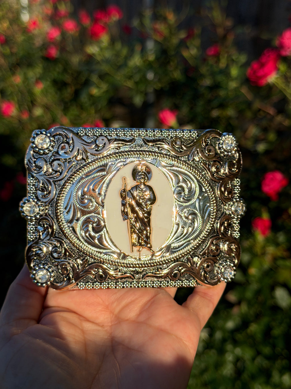 Western Saint Jude Belt Buckle for Men & Women – Silver Engraved Cowboy Buckle with Stud Detail