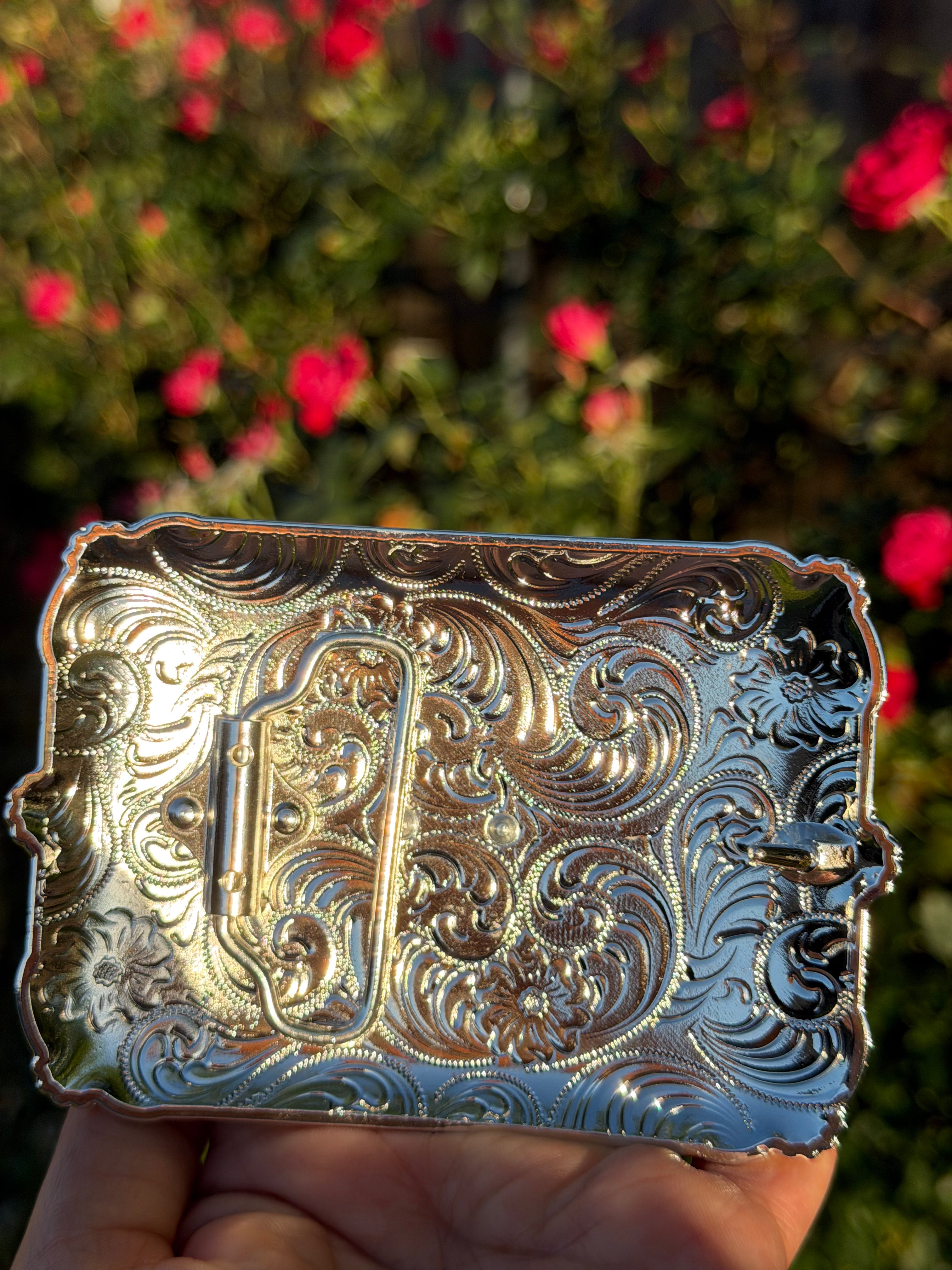 Western Saint Jude Belt Buckle for Men & Women – Silver Engraved Cowboy Buckle with Stud Detail