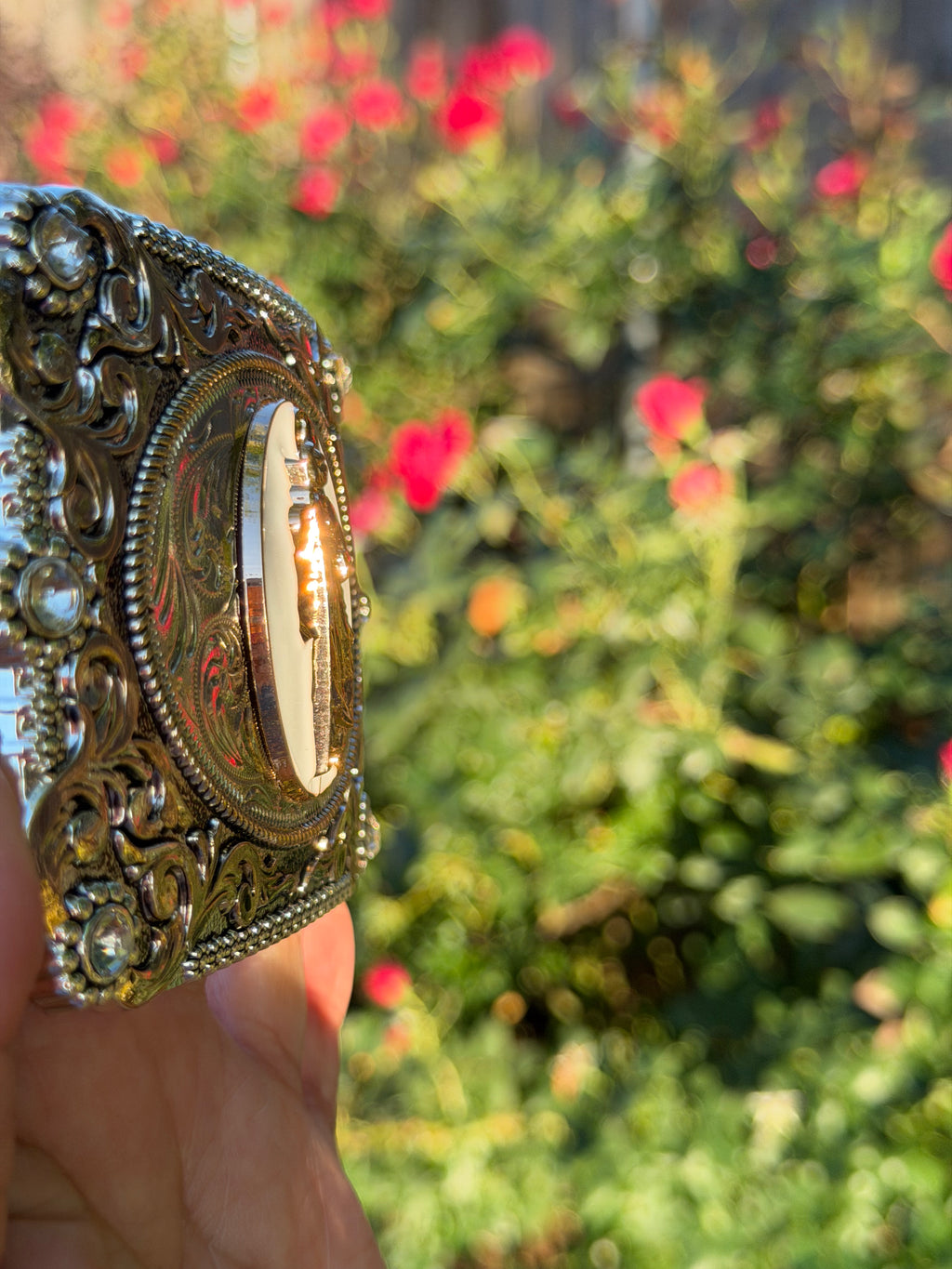 Western Saint Jude Belt Buckle for Men & Women – Silver Engraved Cowboy Buckle with Stud Detail
