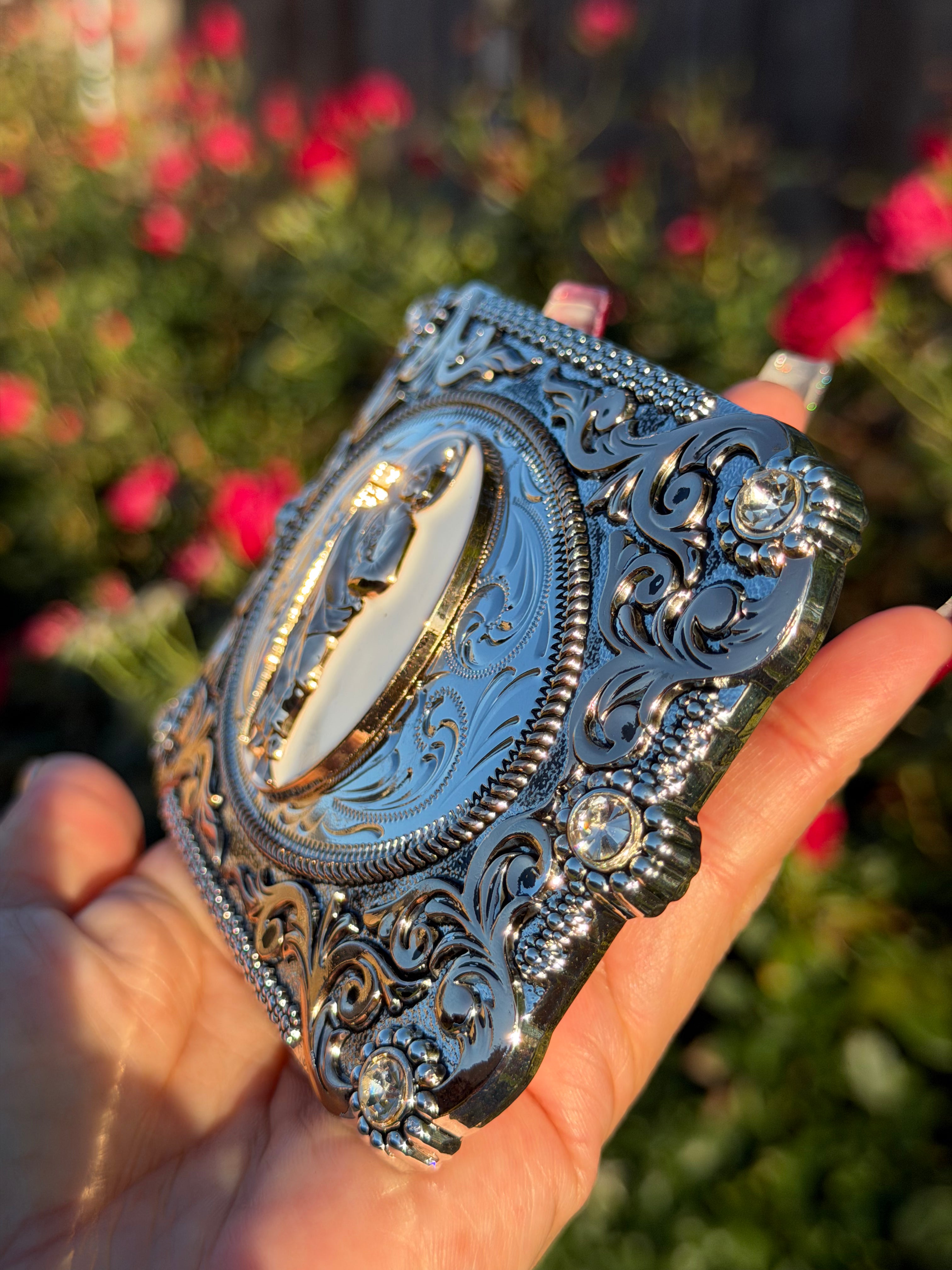 Western Saint Jude Belt Buckle for Men & Women – Silver Engraved Cowboy Buckle with Stud Detail