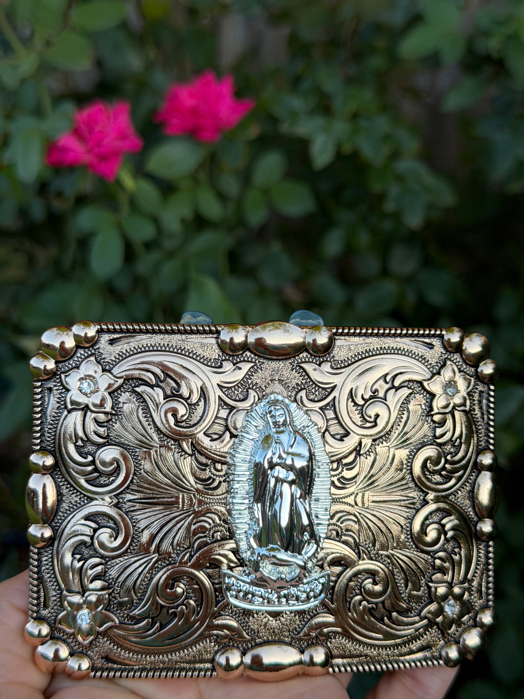 Western Virgin Mary Belt Buckle – Vintage Engraved Cowboy Buckle with Rhinestone Accents