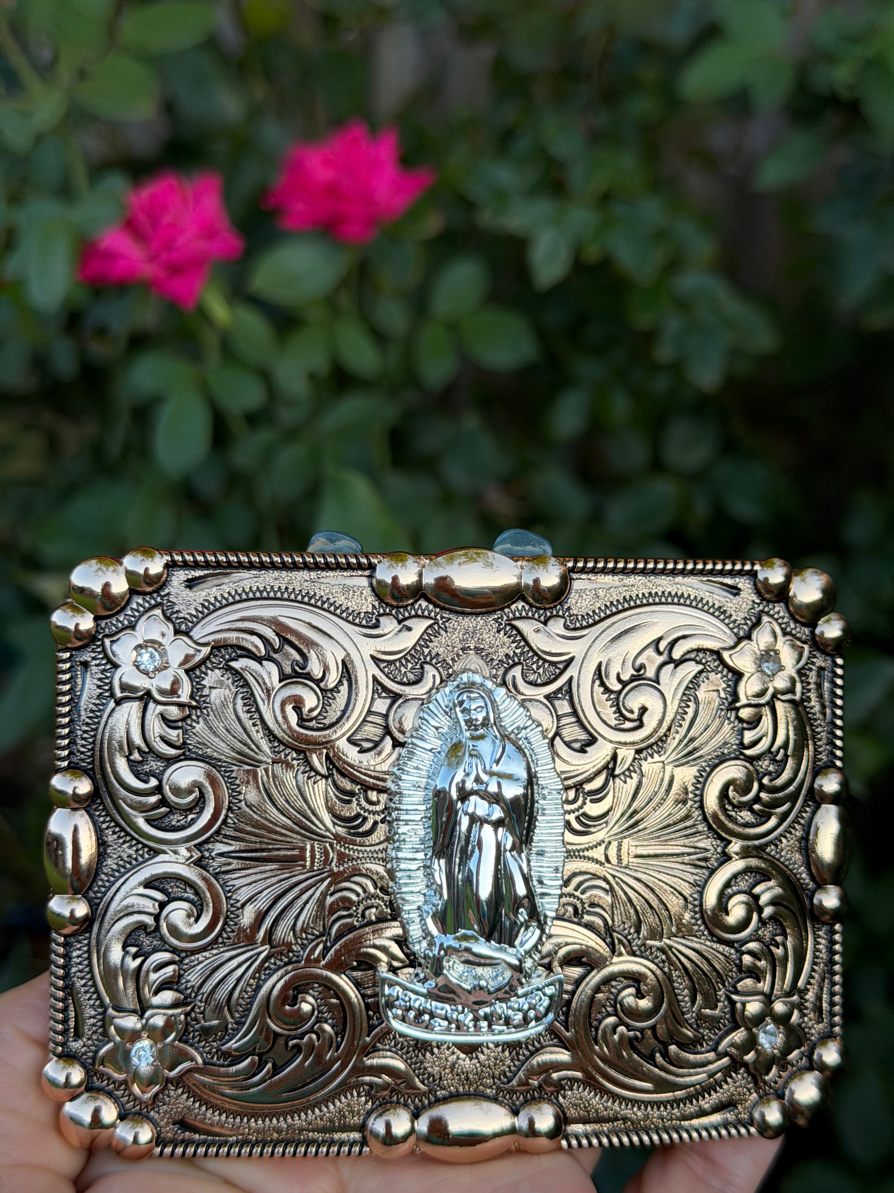 Western Virgin Mary Belt Buckle – Vintage Engraved Cowboy Buckle with Rhinestone Accents