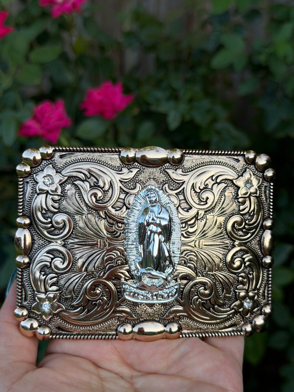 Western Virgin Mary Belt Buckle – Vintage Engraved Cowboy Buckle with Rhinestone Accents