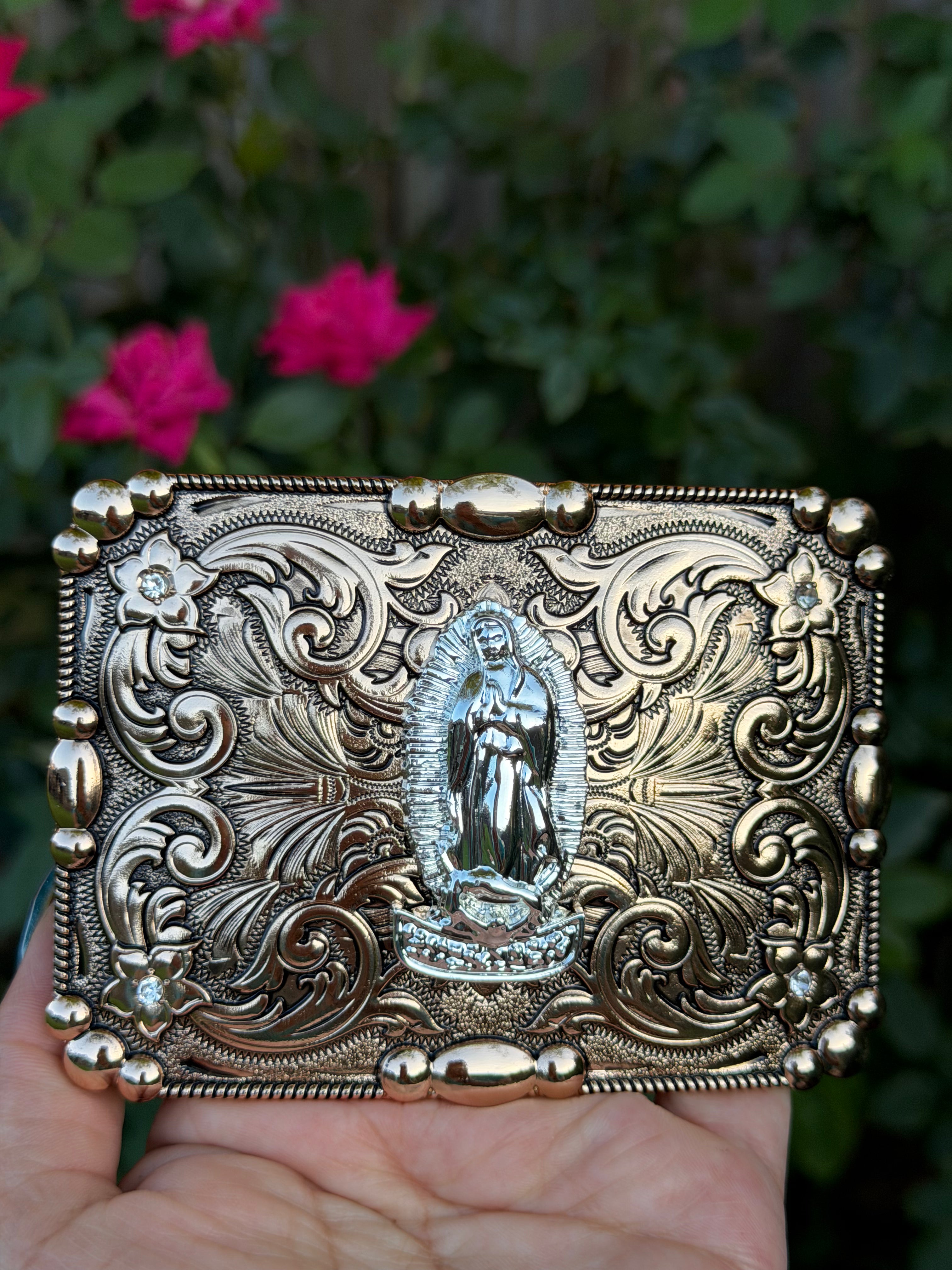 Western Virgin Mary Belt Buckle – Vintage Engraved Cowboy Buckle with Rhinestone Accents