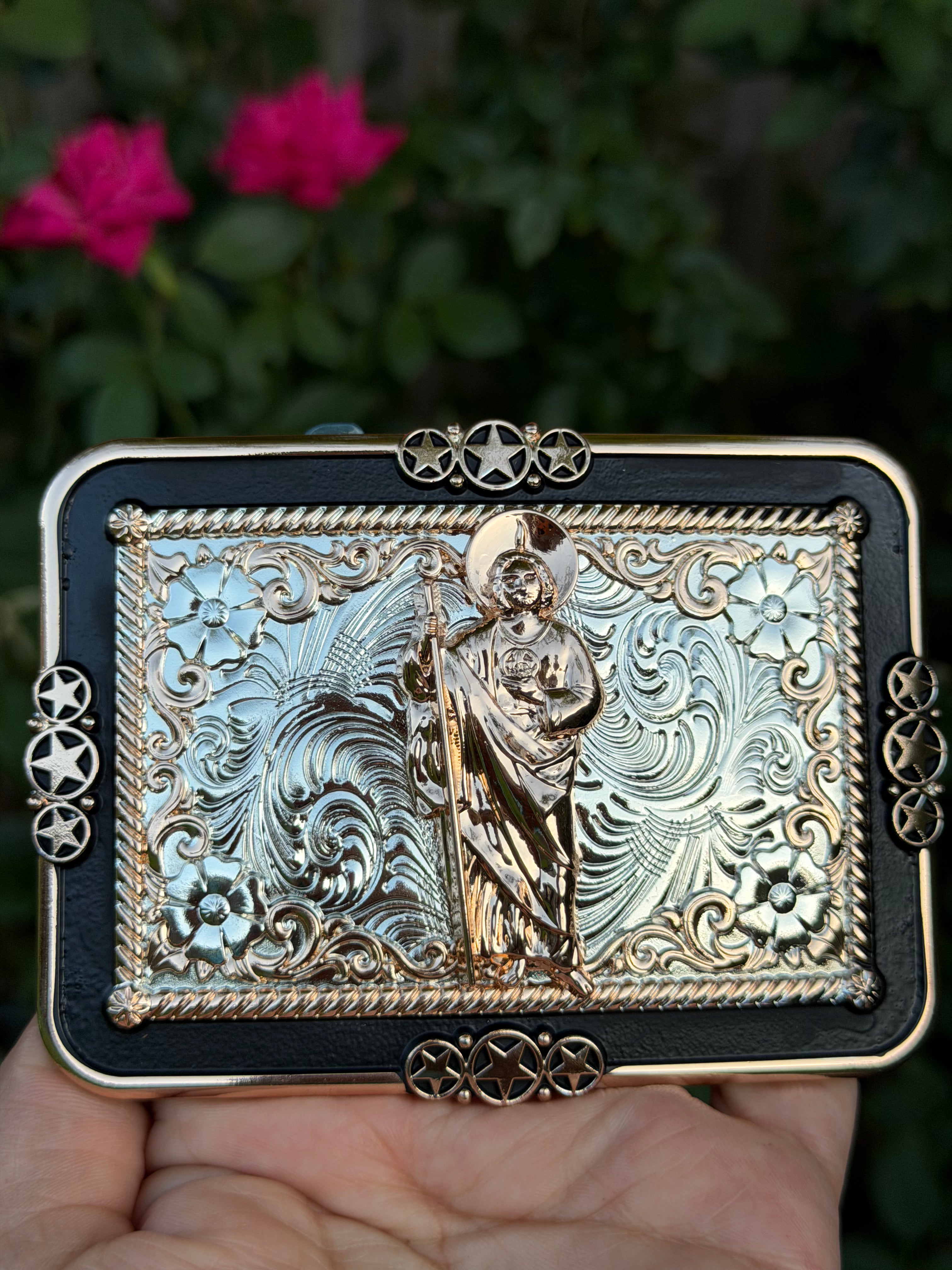 Western Religious Belt Buckle – Saint Jude Engraved Metal Cowboy Buckle for Men &amp; Women