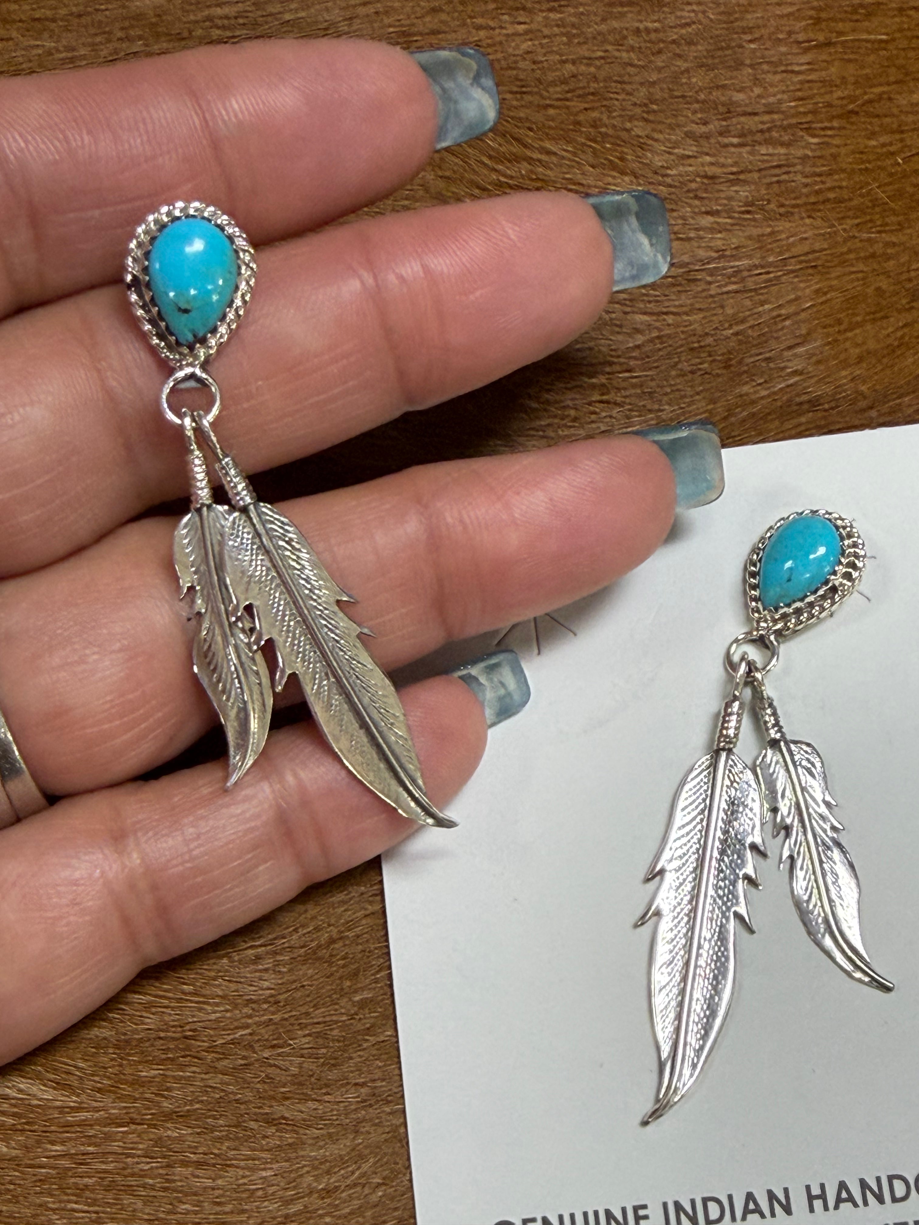 Sterling Silver Turquoise Feather Dangle Earrings | Native-Inspired Handcrafted Jewelry