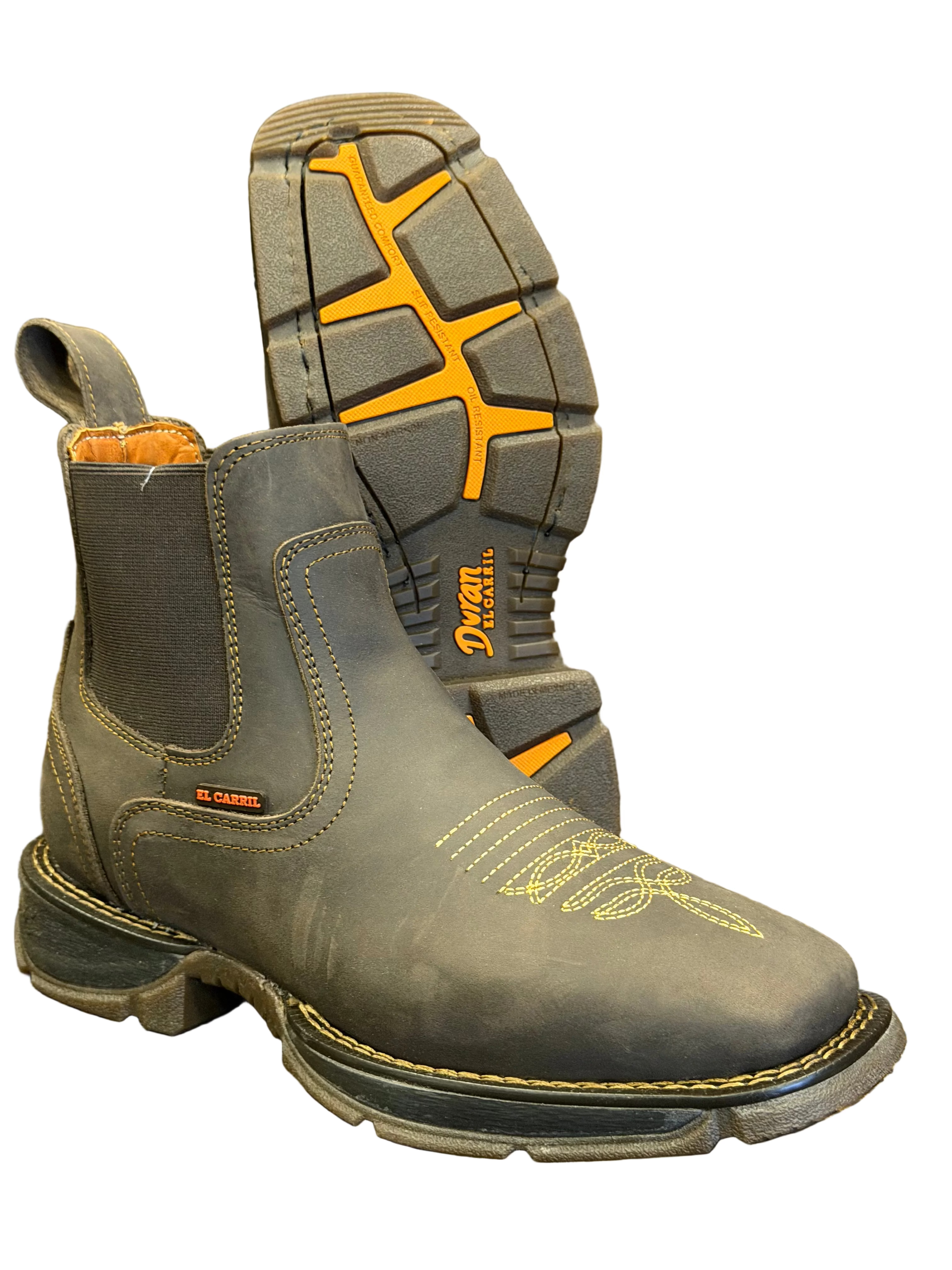 Men's Brown Leather Chelsea Work Boots – Square Toe, Slip-On, Durable Western Boots for Work
