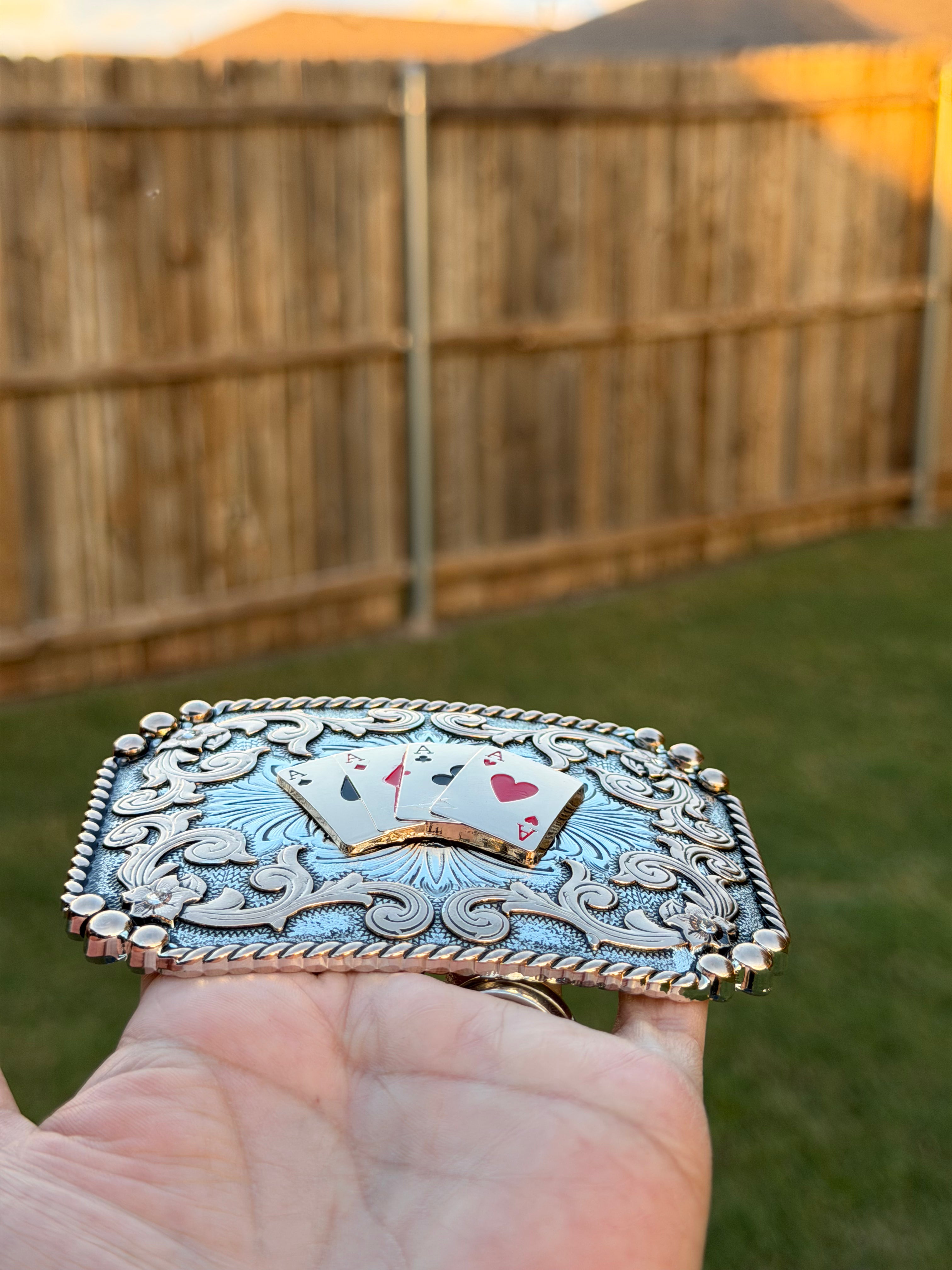 Vintage Western Poker Belt Buckle – Four Aces Playing Cards Cowboy Rodeo Buckle for Men & Women
