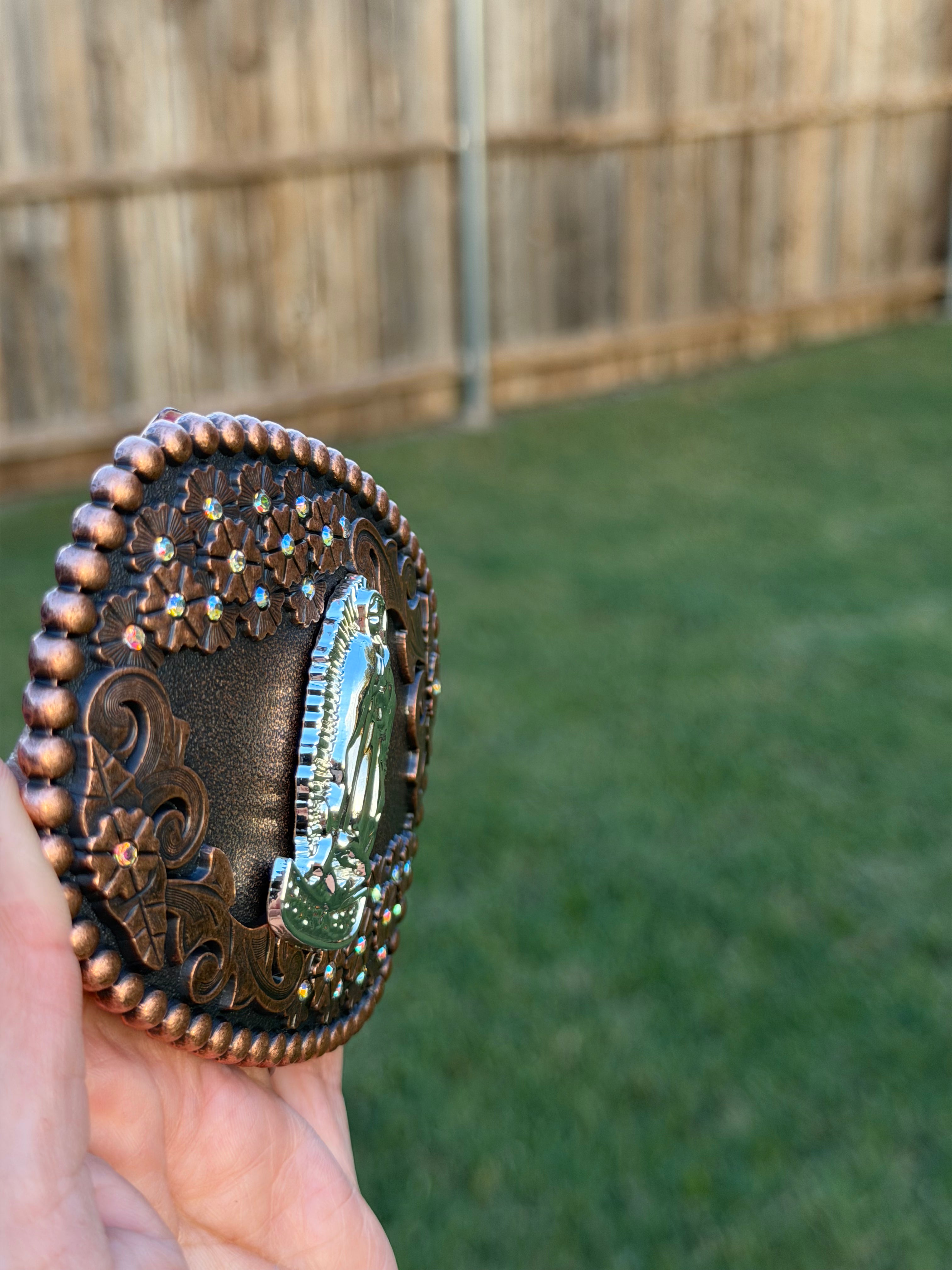 Western Virgin Mary Belt Buckle – Our Lady of Guadalupe Rhinestone Cowboy & Cowgirl Belt Buckle