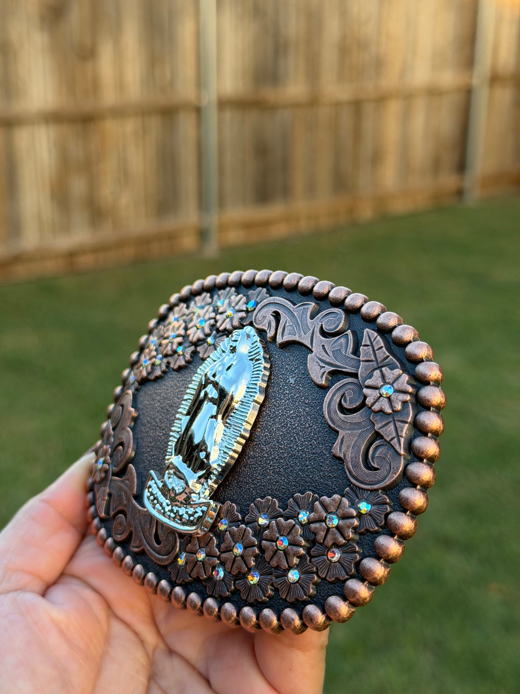 Western Virgin Mary Belt Buckle – Our Lady of Guadalupe Rhinestone Cowboy & Cowgirl Belt Buckle