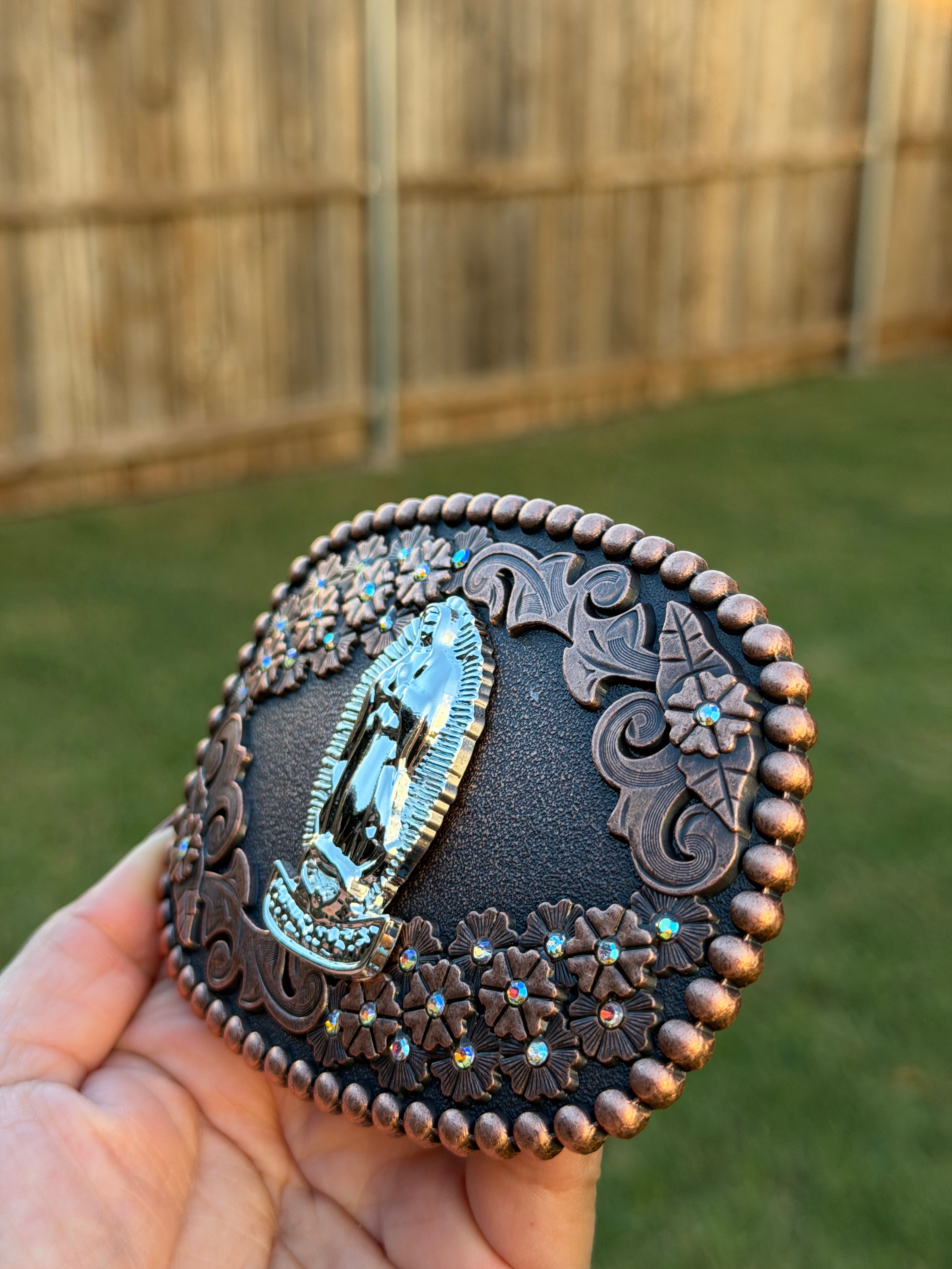 Western Virgin Mary Belt Buckle – Our Lady of Guadalupe Rhinestone Cowboy & Cowgirl Belt Buckle