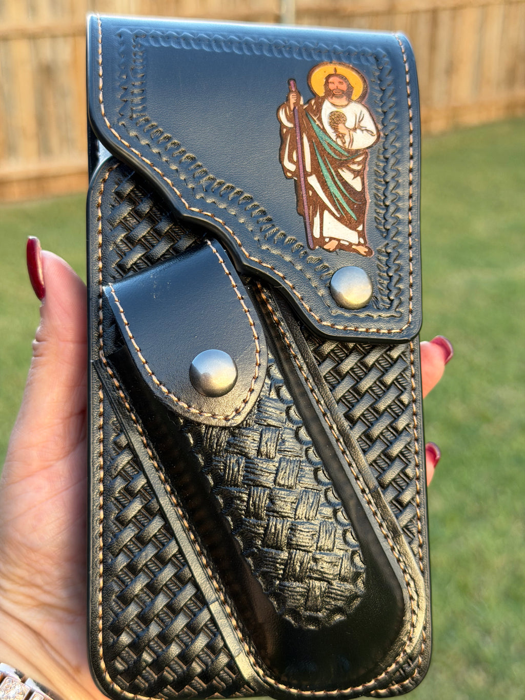 Western Tooled Leather Cell Phone Holster with Belt Loop & Knife Sheath – Handmade Cowboy Phone Holder
