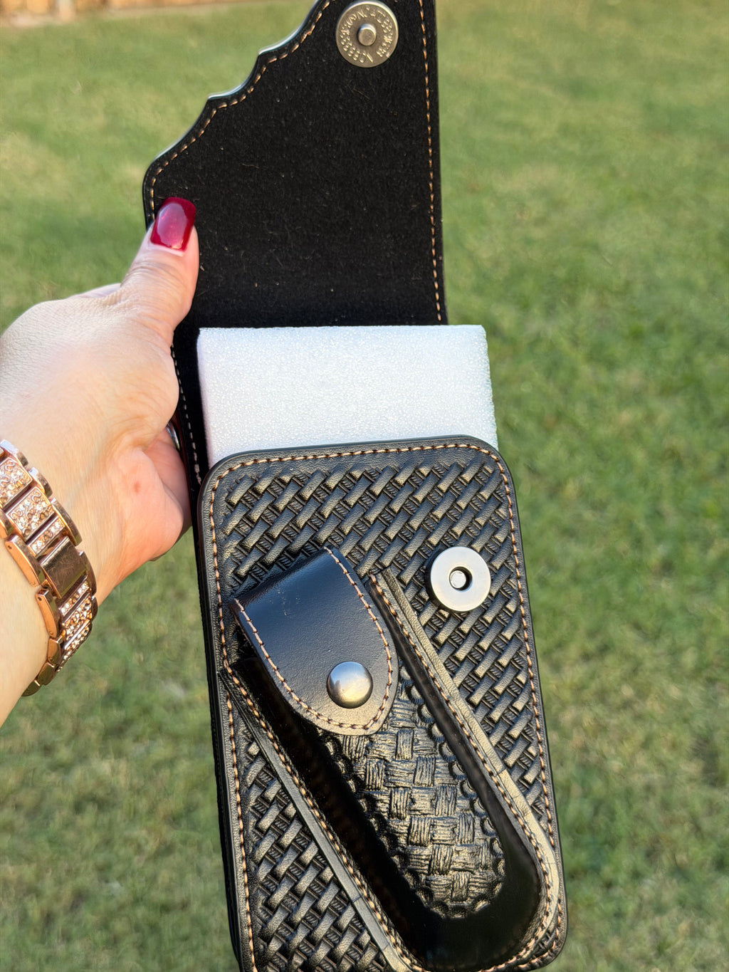 Western Tooled Leather Cell Phone Holster with Belt Loop & Knife Sheath – Handmade Cowboy Phone Holder