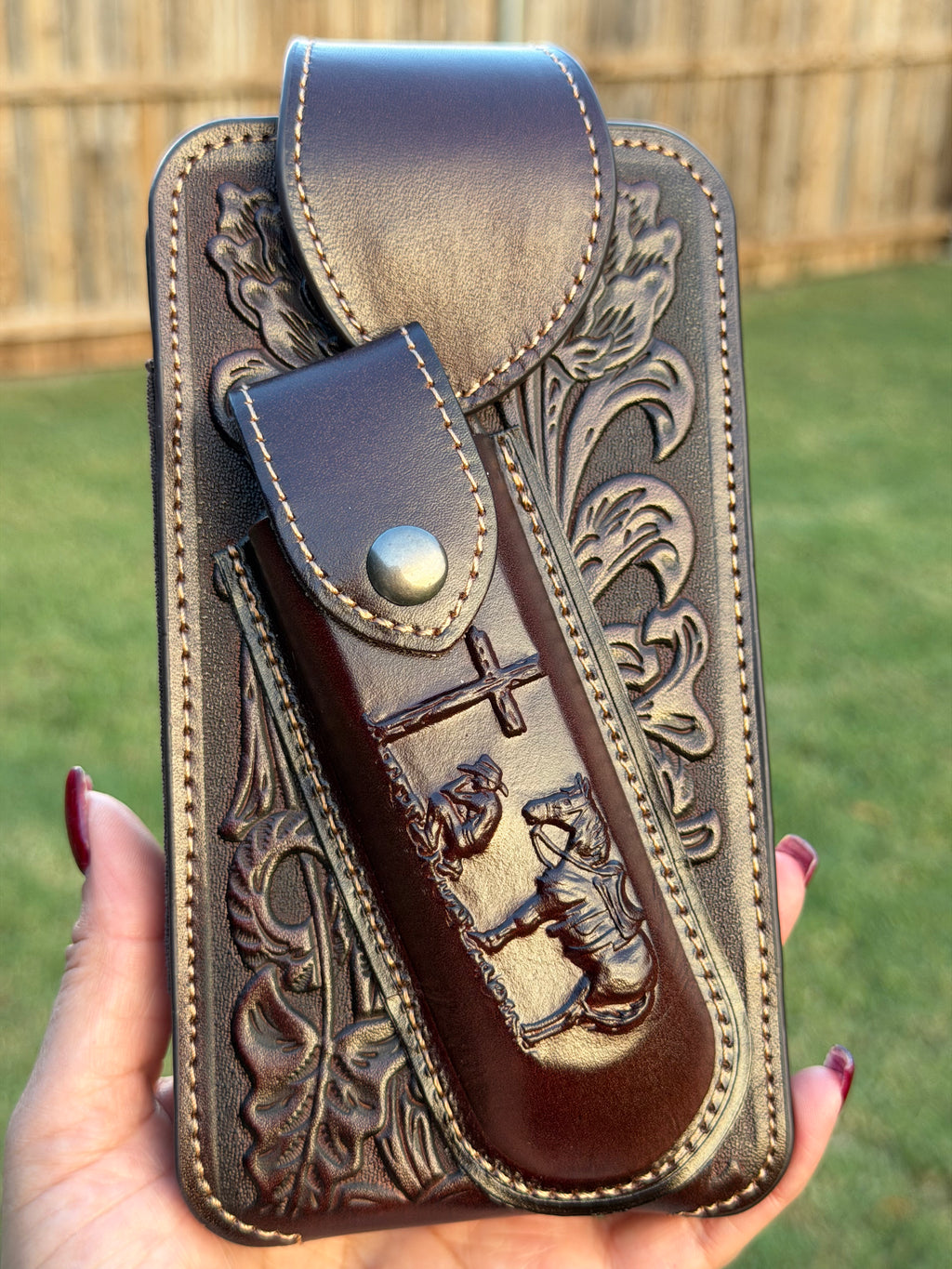 Western Tooled Leather Cell Phone Holster with Belt Loop & Knife Sheath – Handmade Cowboy Phone Holder