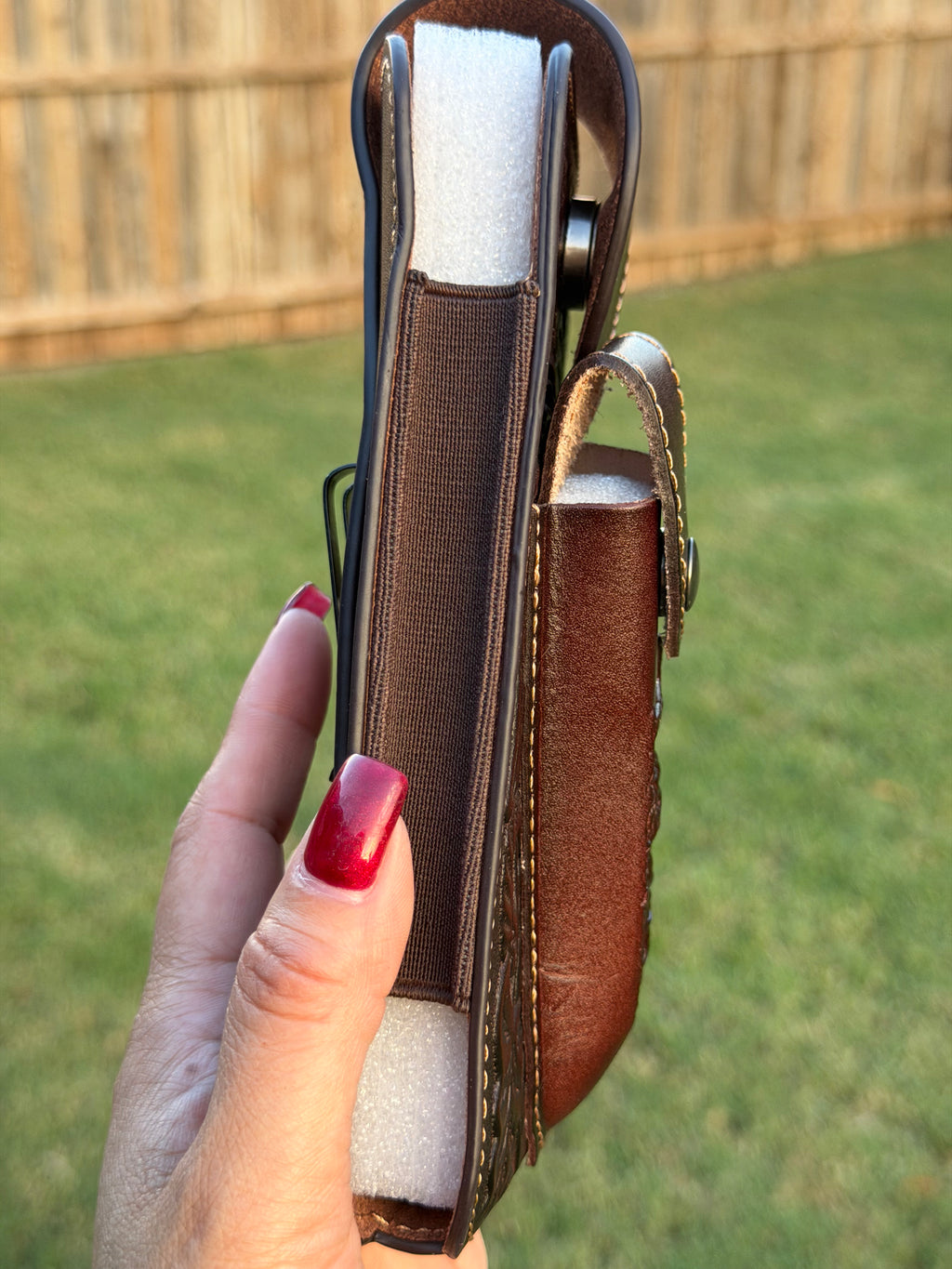 Western Tooled Leather Cell Phone Holster with Belt Loop & Knife Sheath – Handmade Cowboy Phone Holder
