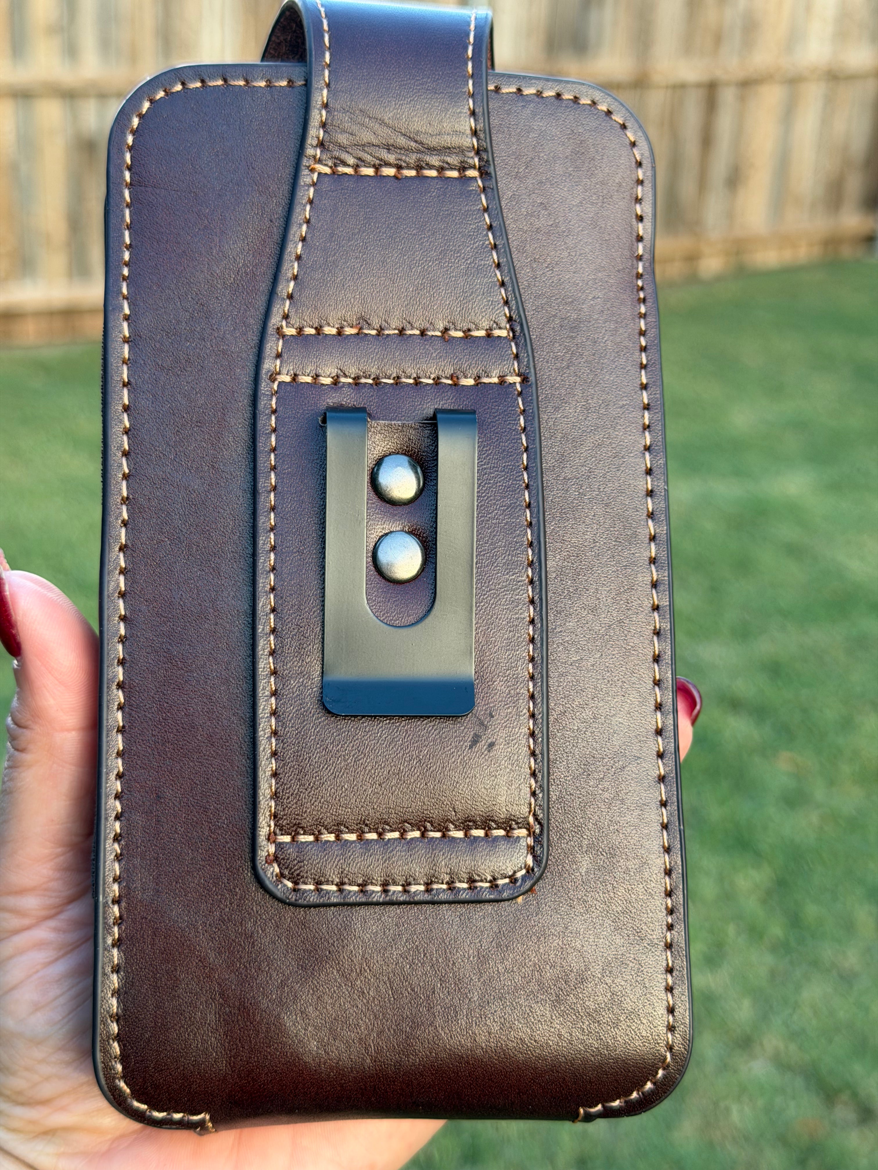 Western Tooled Leather Cell Phone Holster with Belt Loop & Knife Sheath – Handmade Cowboy Phone Holder