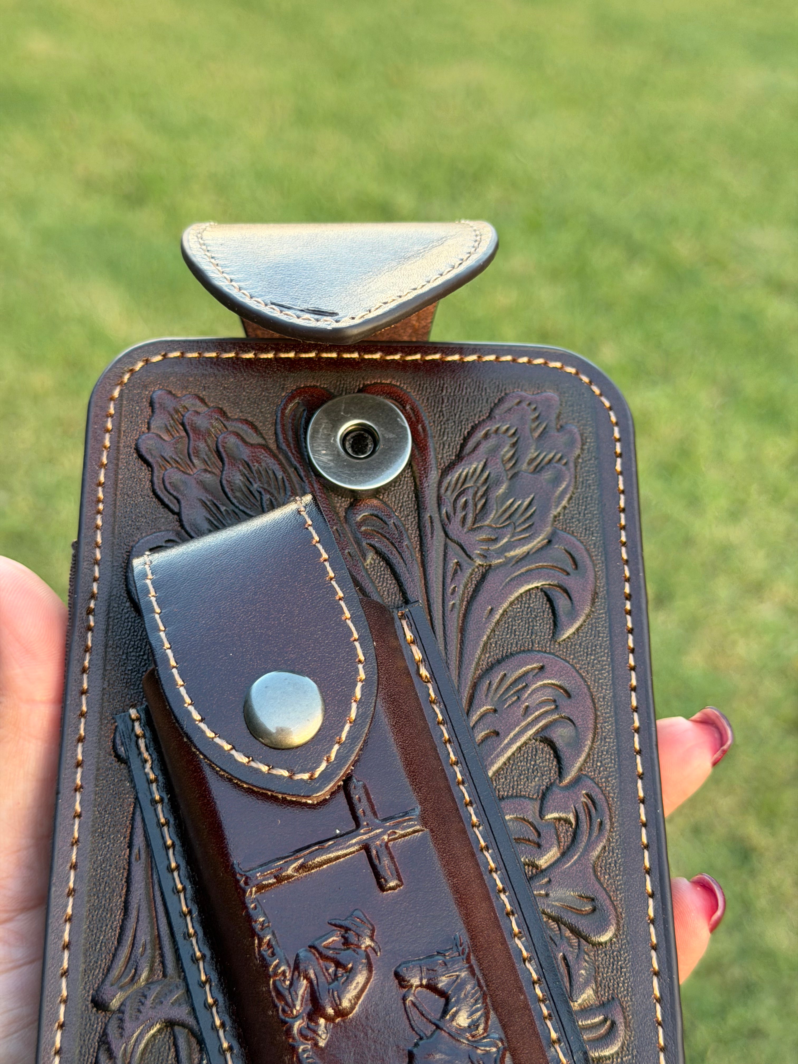Western Tooled Leather Cell Phone Holster with Belt Loop & Knife Sheath – Handmade Cowboy Phone Holder