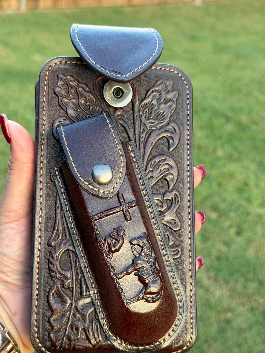 Western Tooled Leather Cell Phone Holster with Belt Loop & Knife Sheath – Handmade Cowboy Phone Holder