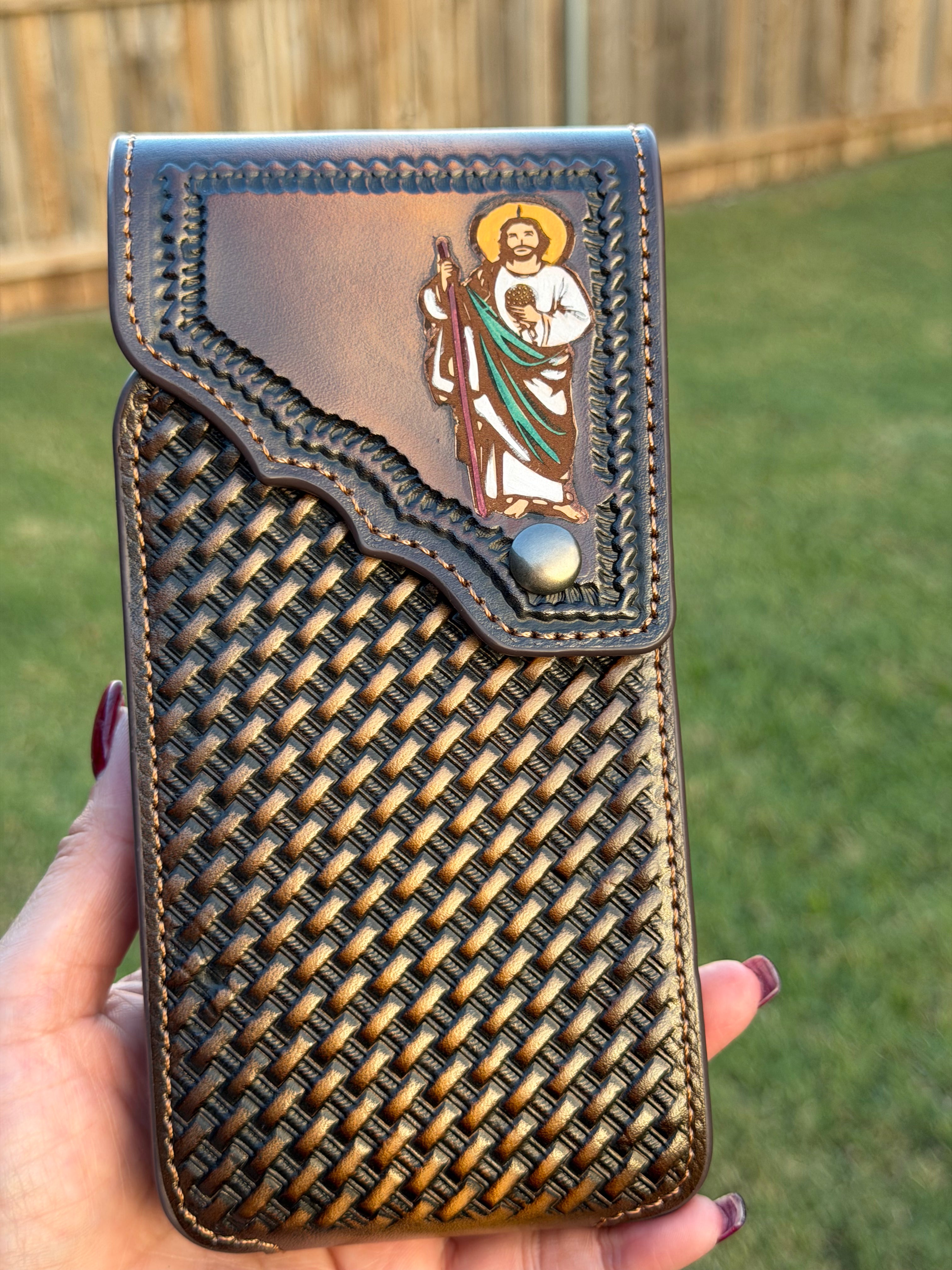 Leather Phone Holster with Saint Jude Design