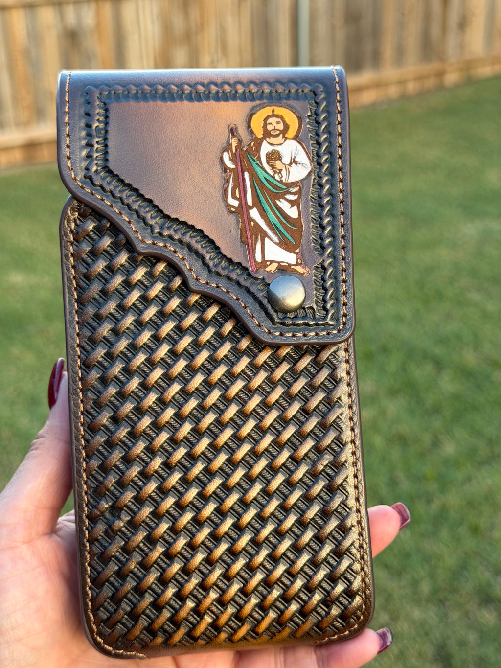 Leather Phone Holster with Saint Jude Design