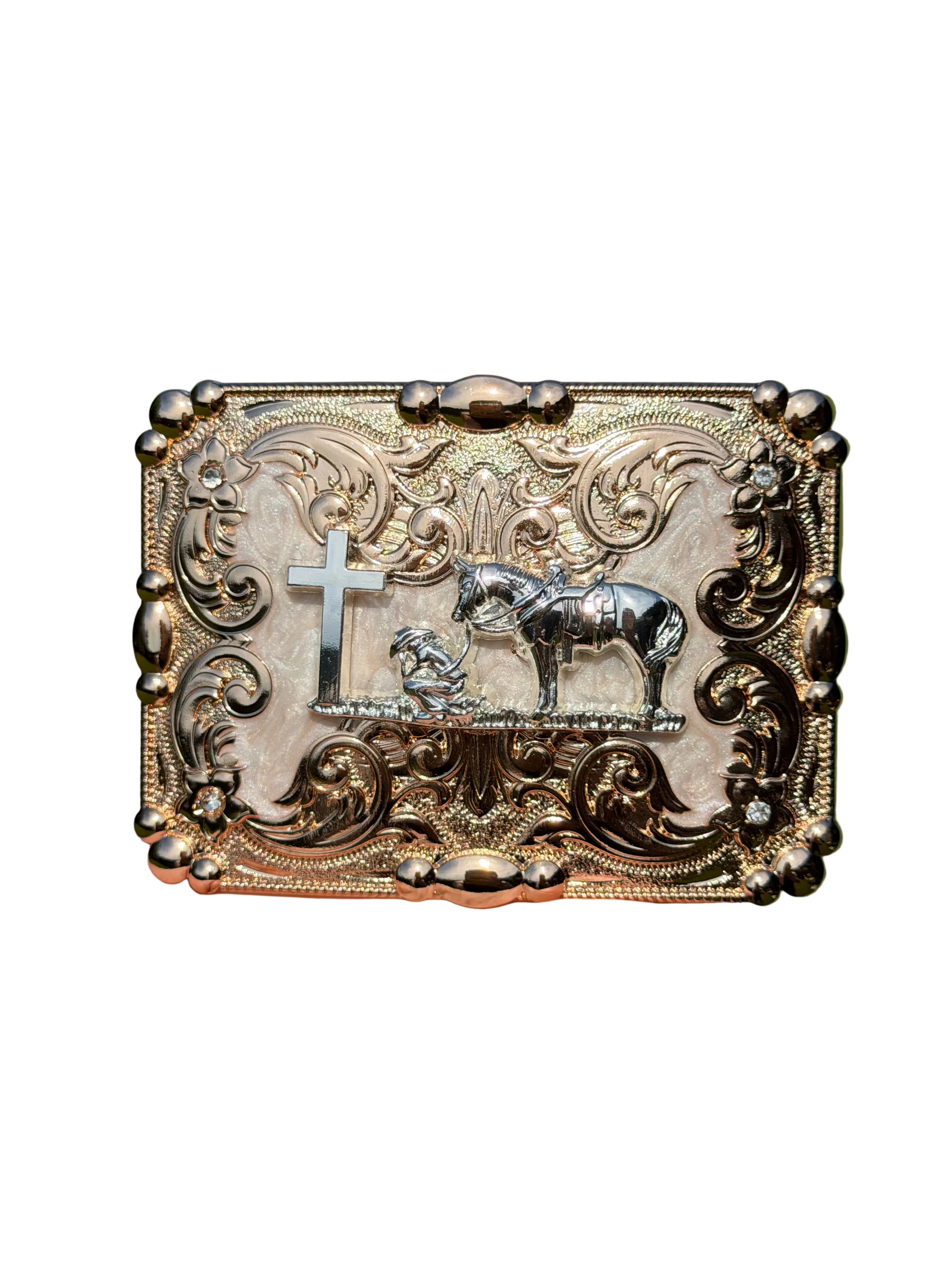 Western Christian Cross Belt Buckle – Cowboy Praying with Horse, Gold & Silver Engraved Rodeo BuckleWestern Christian Cross Belt Buckle – Cowboy Praying with Horse, Gold & Silver Engraved Rodeo Buckle