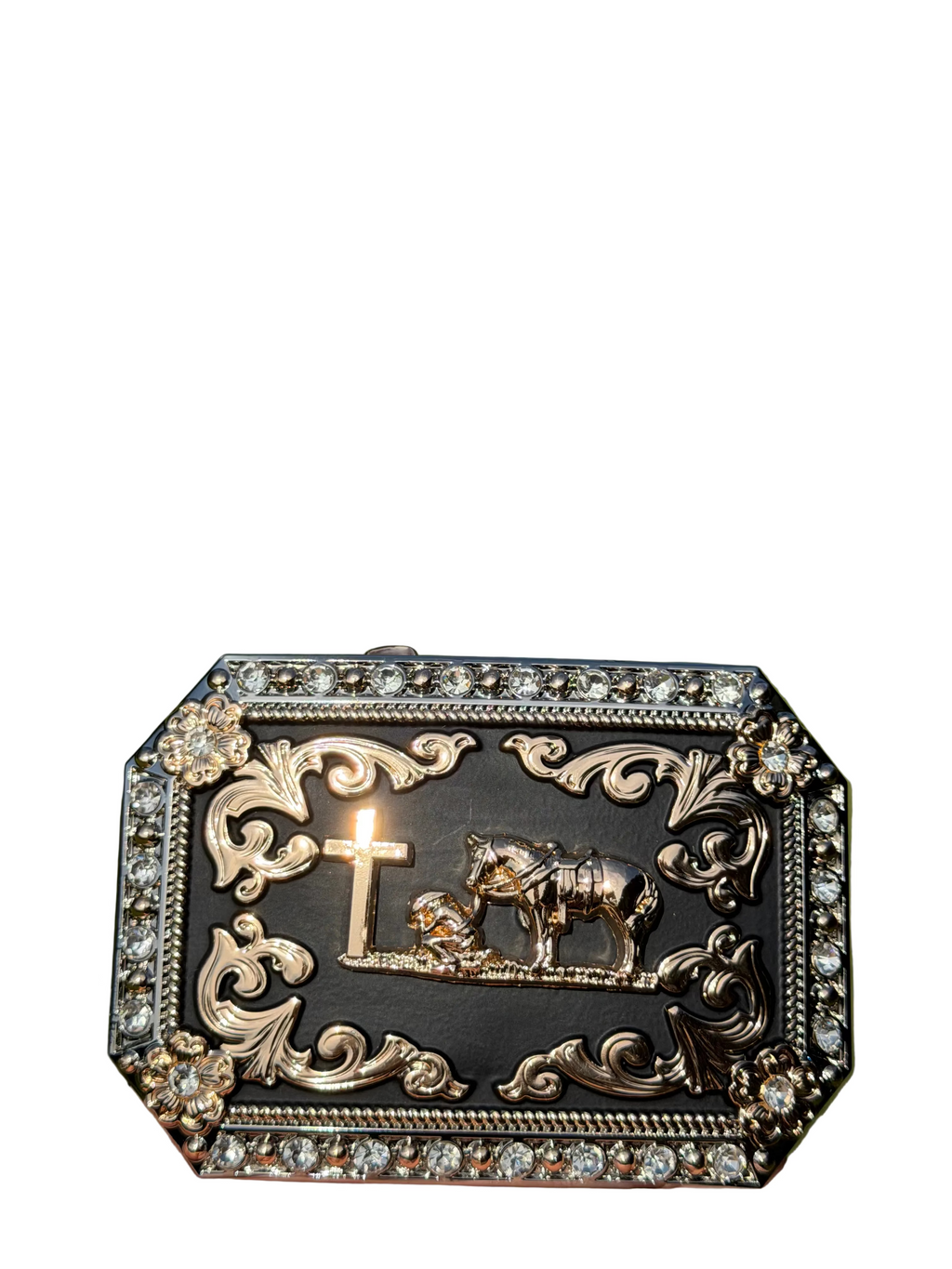 Western Cross Cowboy Belt Buckle with Horse & Cowboy Prayer – Black & Gold Rhinestone Rodeo Buckle