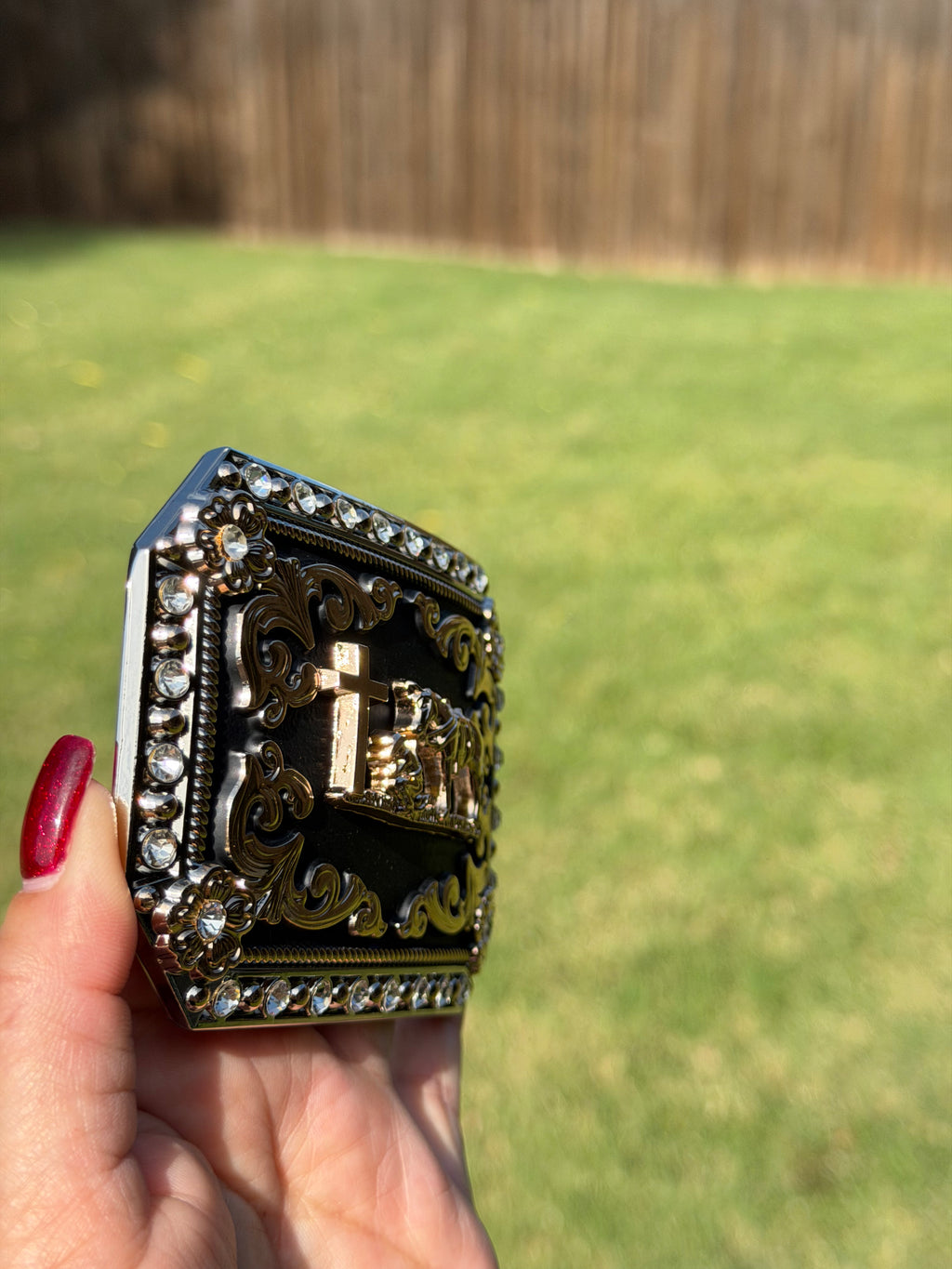 Western Cross Cowboy Belt Buckle with Horse & Cowboy Prayer – Black & Gold Rhinestone Rodeo Buckle
