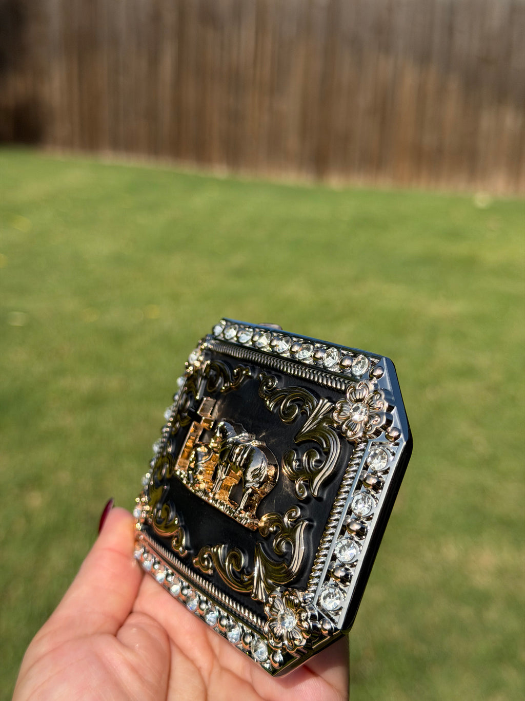 Western Cross Cowboy Belt Buckle with Horse & Cowboy Prayer – Black & Gold Rhinestone Rodeo Buckle