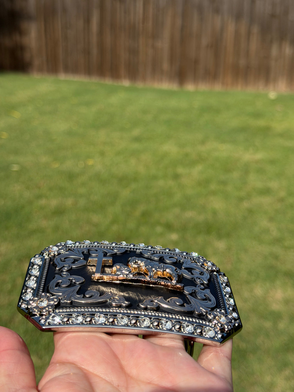 Western Cross Cowboy Belt Buckle with Horse & Cowboy Prayer – Black & Gold Rhinestone Rodeo Buckle