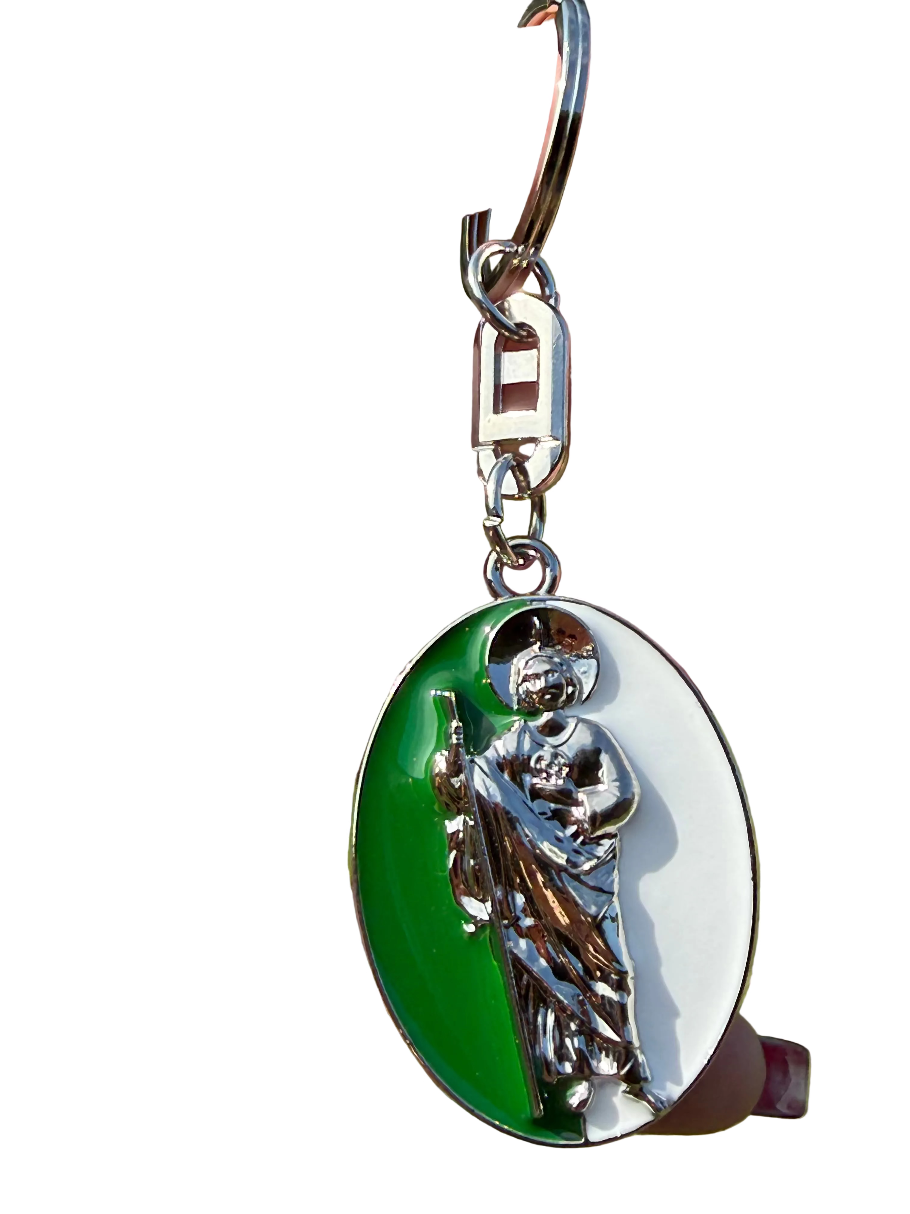 aint Jude (San Judas Tadeo) Keychain – Green &amp; White Enamel Religious Metal Key Ring