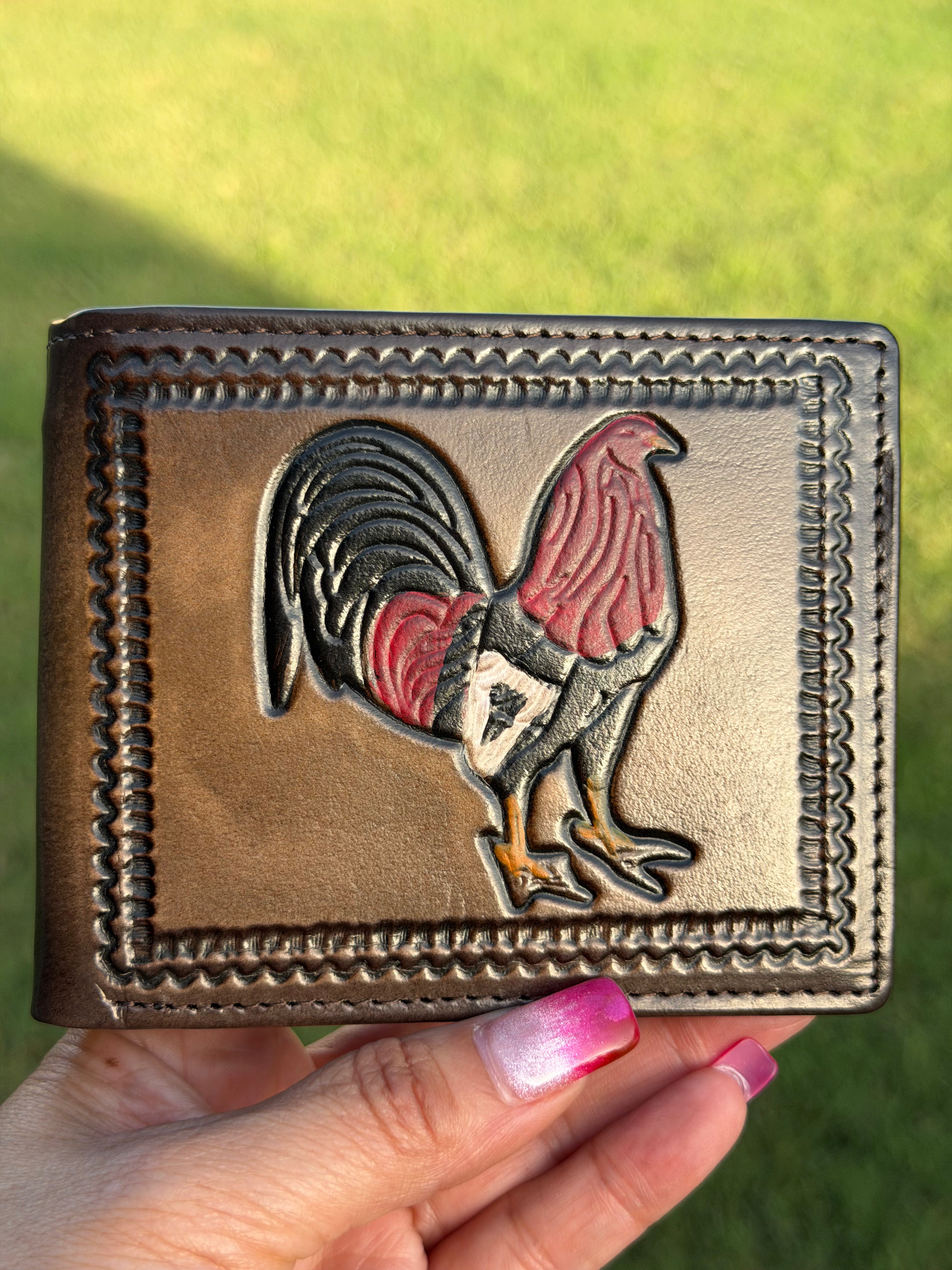 Genuine Leather Rooster Bifold Wallet – Western Cowboy Men's Wallet