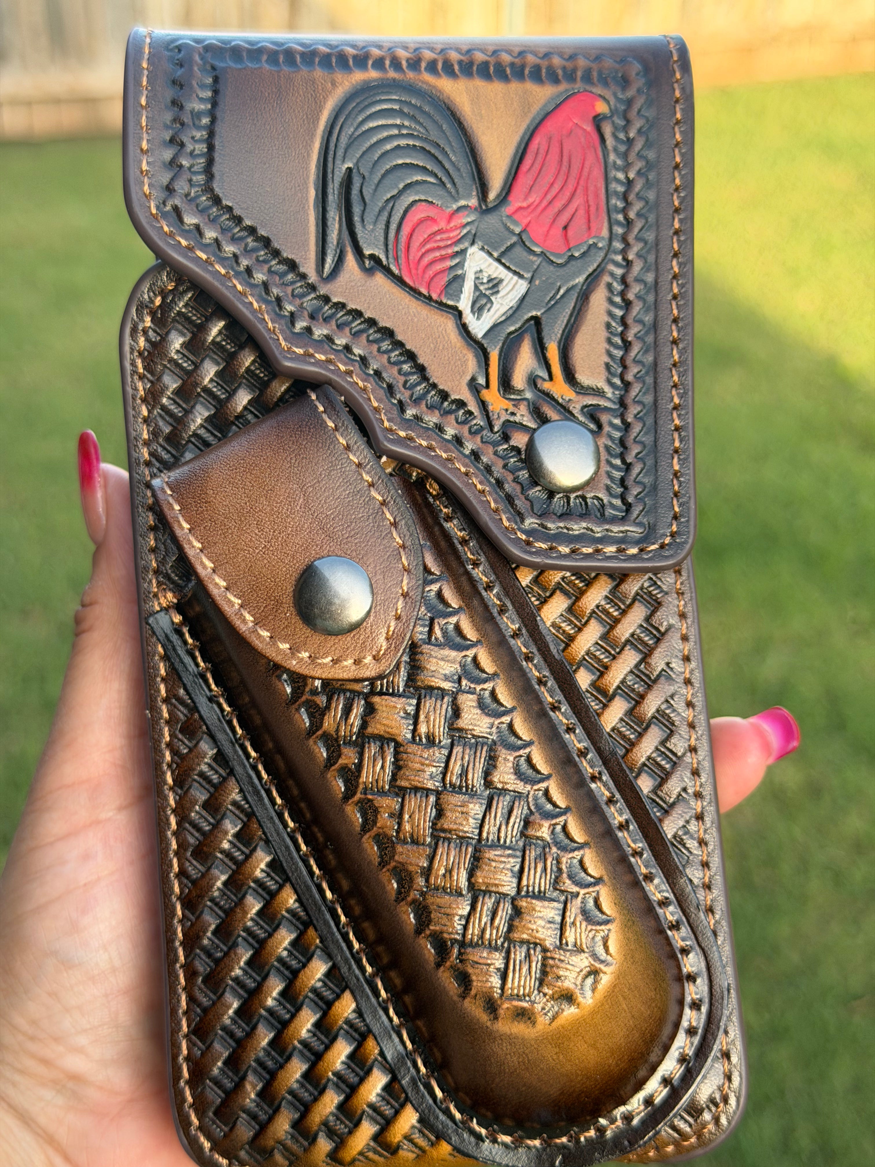 Leather Cell Phone Holster with Knife Sheath – Western Rooster Tooled Belt Pouch for Men