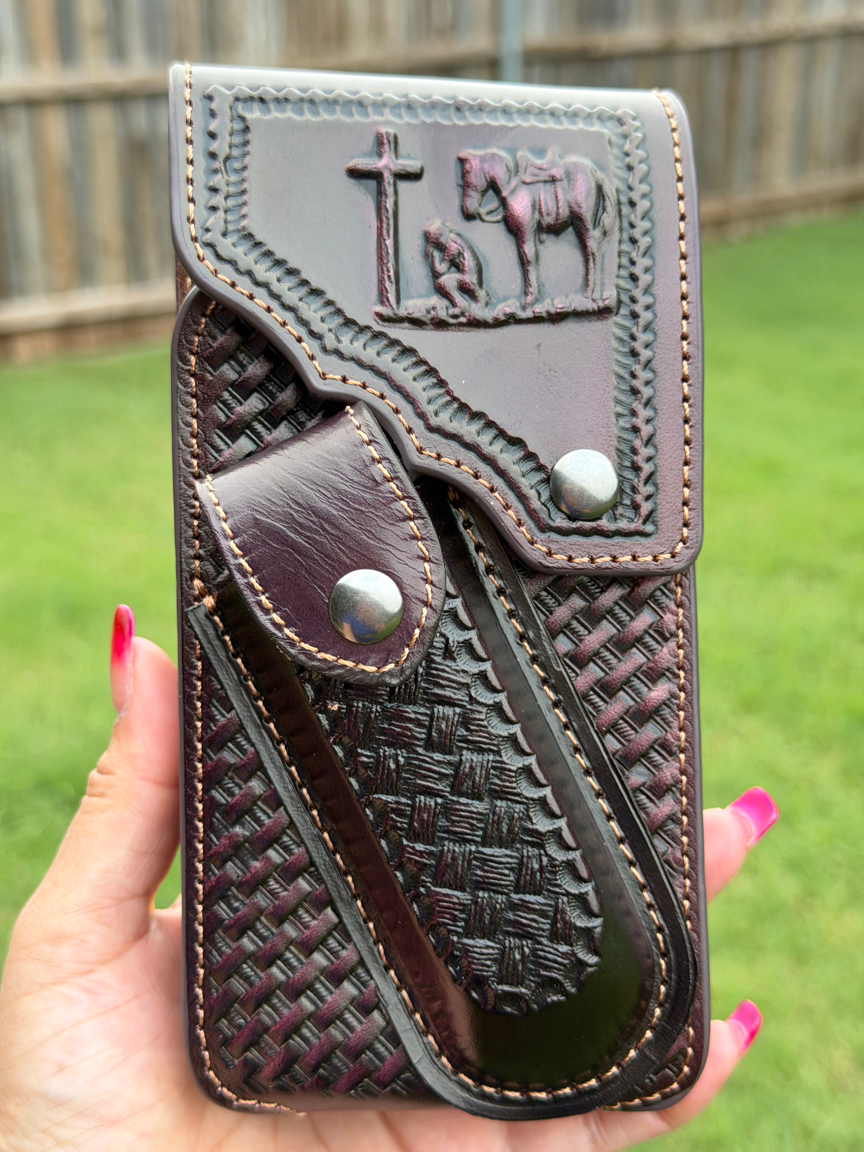 Genuine Leather Cell Phone Holster Belt Pouch – Christian Cross, Cowboy & Horse Tooled Design