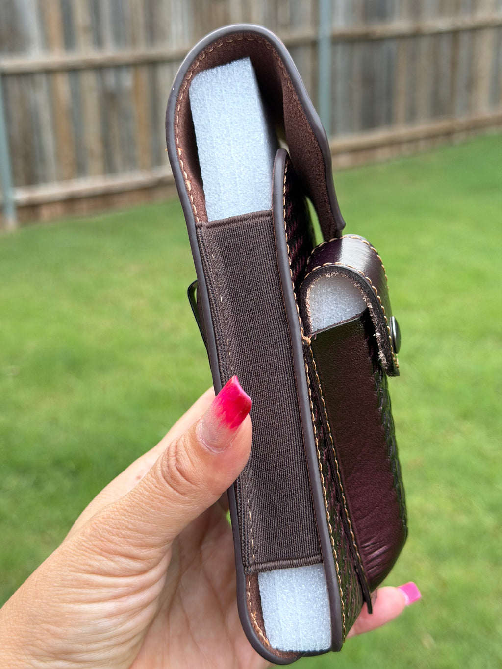 Genuine Leather Cell Phone Holster Belt Pouch – Christian Cross, Cowboy & Horse Tooled Design