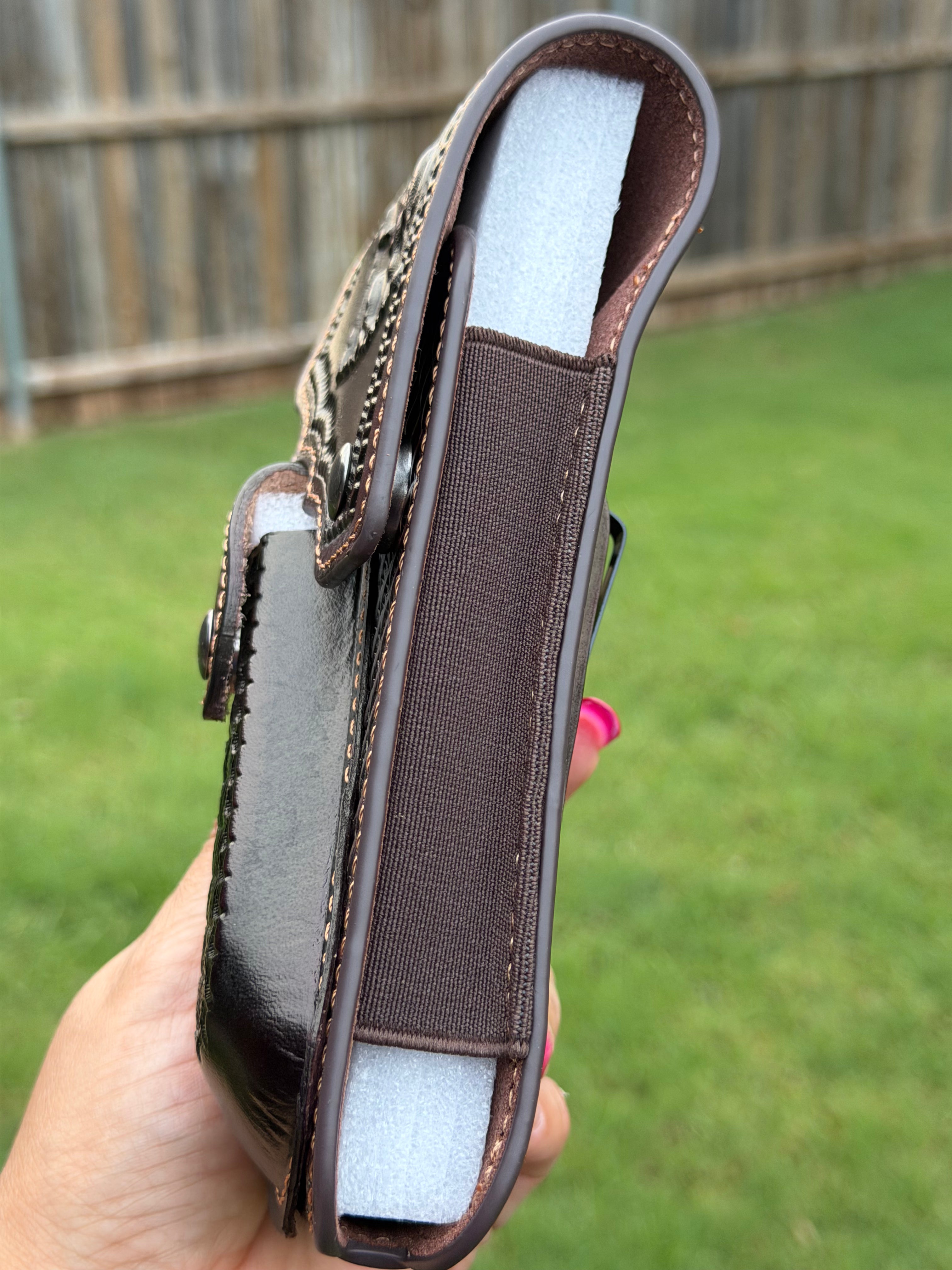 Genuine Leather Cell Phone Holster Belt Pouch – Christian Cross, Cowboy & Horse Tooled Design