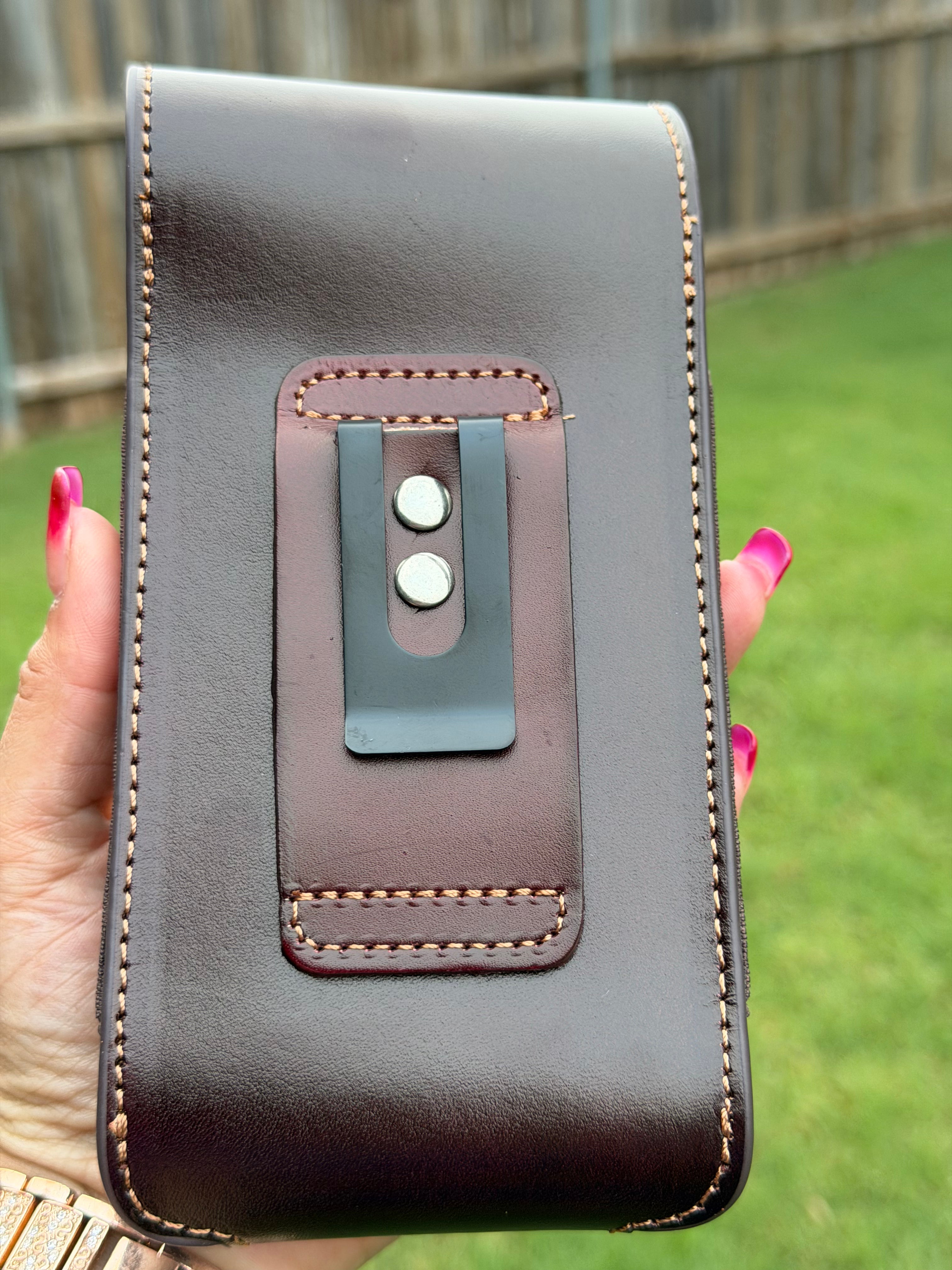 Genuine Leather Cell Phone Holster Belt Pouch – Christian Cross, Cowboy & Horse Tooled Design