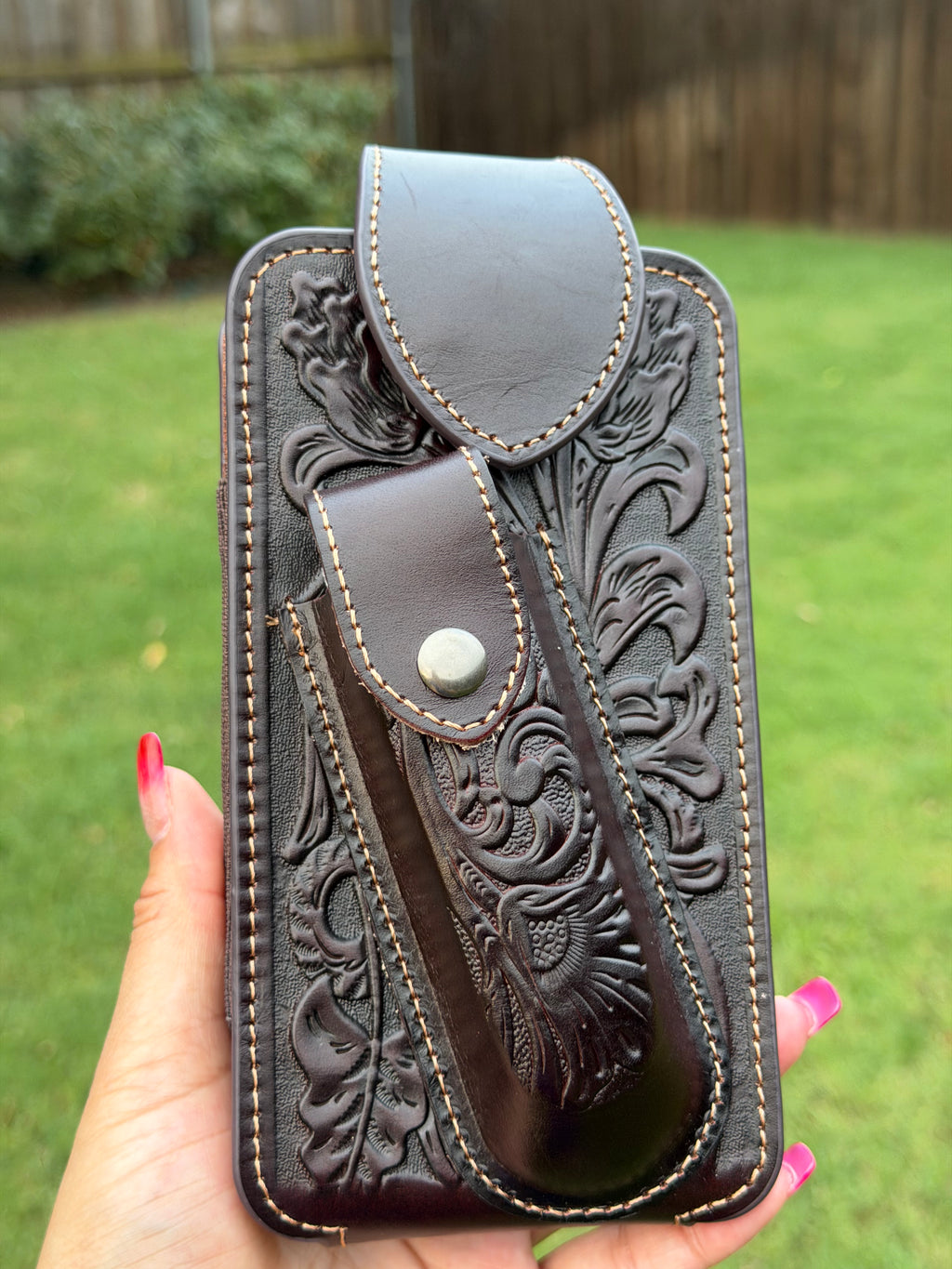Western Tooled Leather Cell Phone Holster Belt Pouch with Magnetic Flap & Knife Holder – Brown