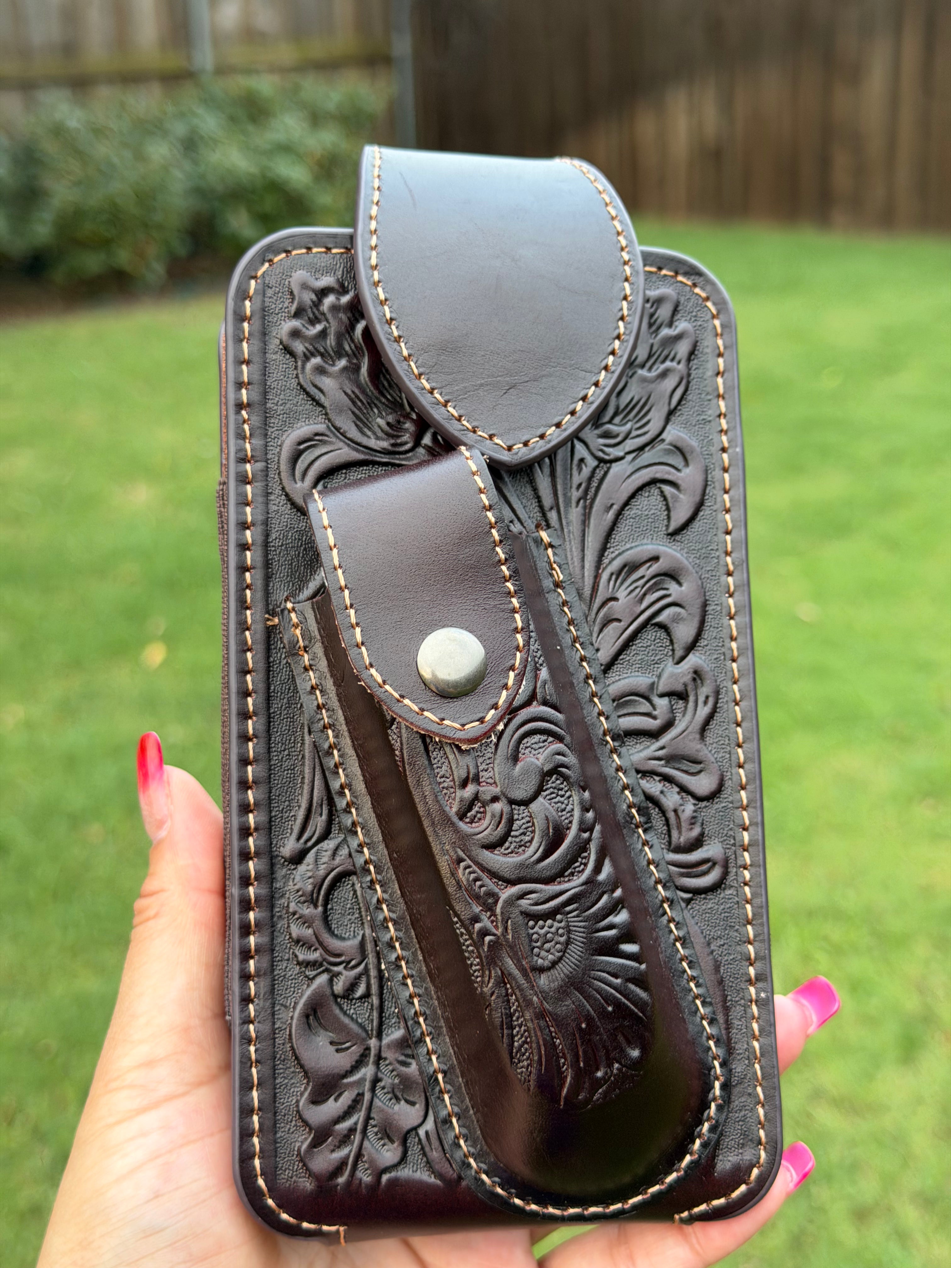 Western Tooled Leather Cell Phone Holster Belt Pouch with Magnetic Flap & Knife Holder – Brown
