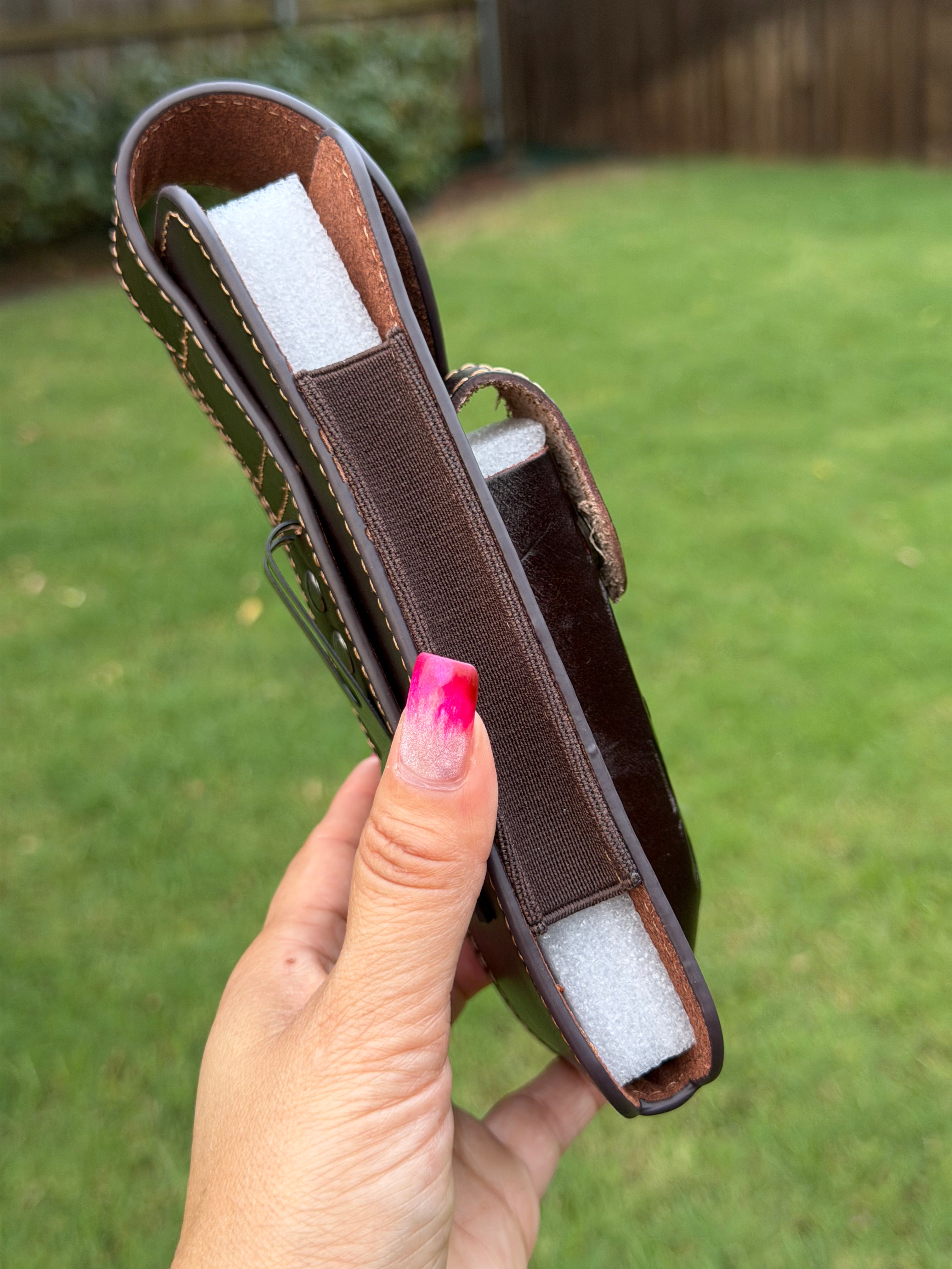 Western Tooled Leather Cell Phone Holster Belt Pouch with Magnetic Flap & Knife Holder – Brown