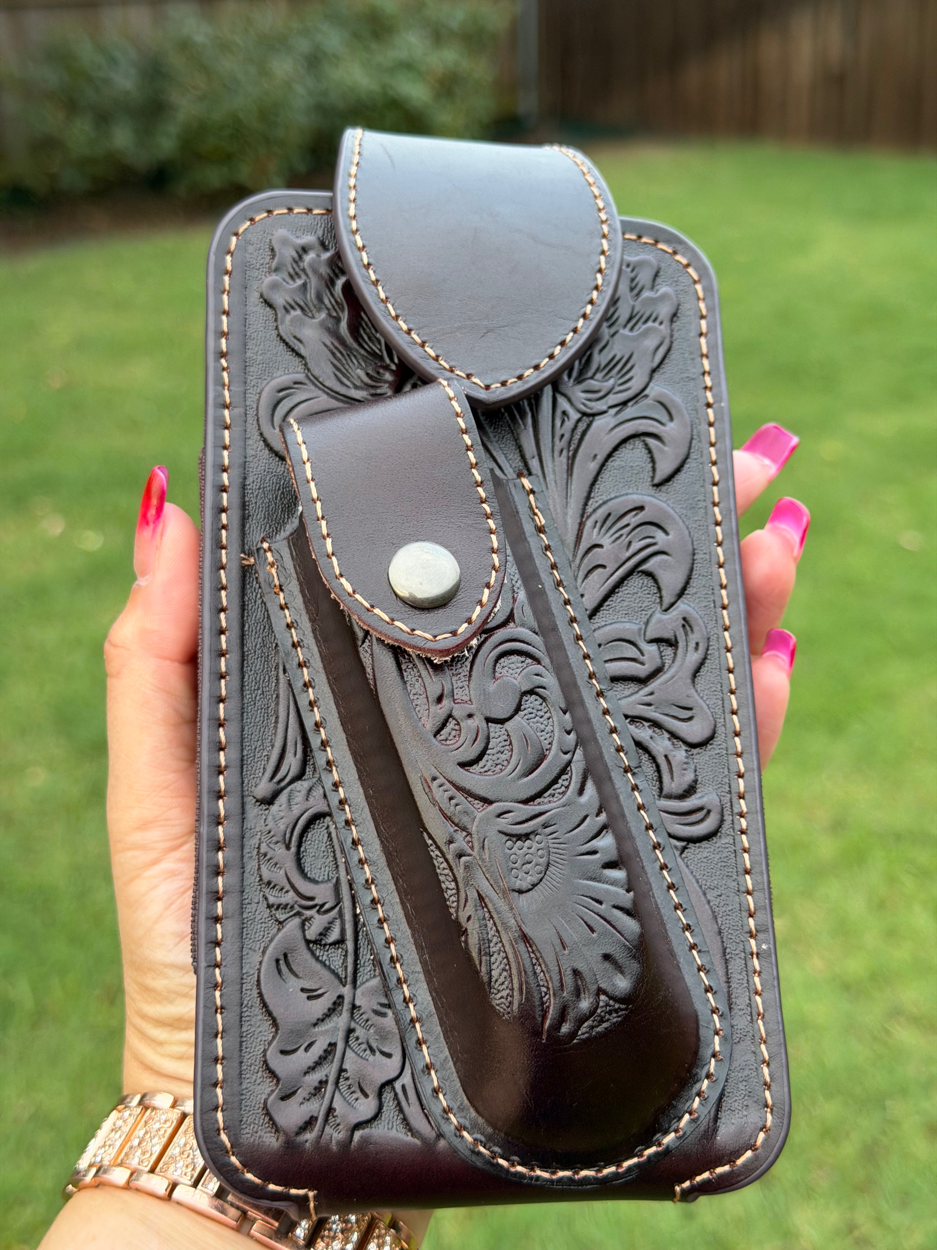 Western Tooled Leather Cell Phone Holster Belt Pouch with Magnetic Flap & Knife Holder – Brown