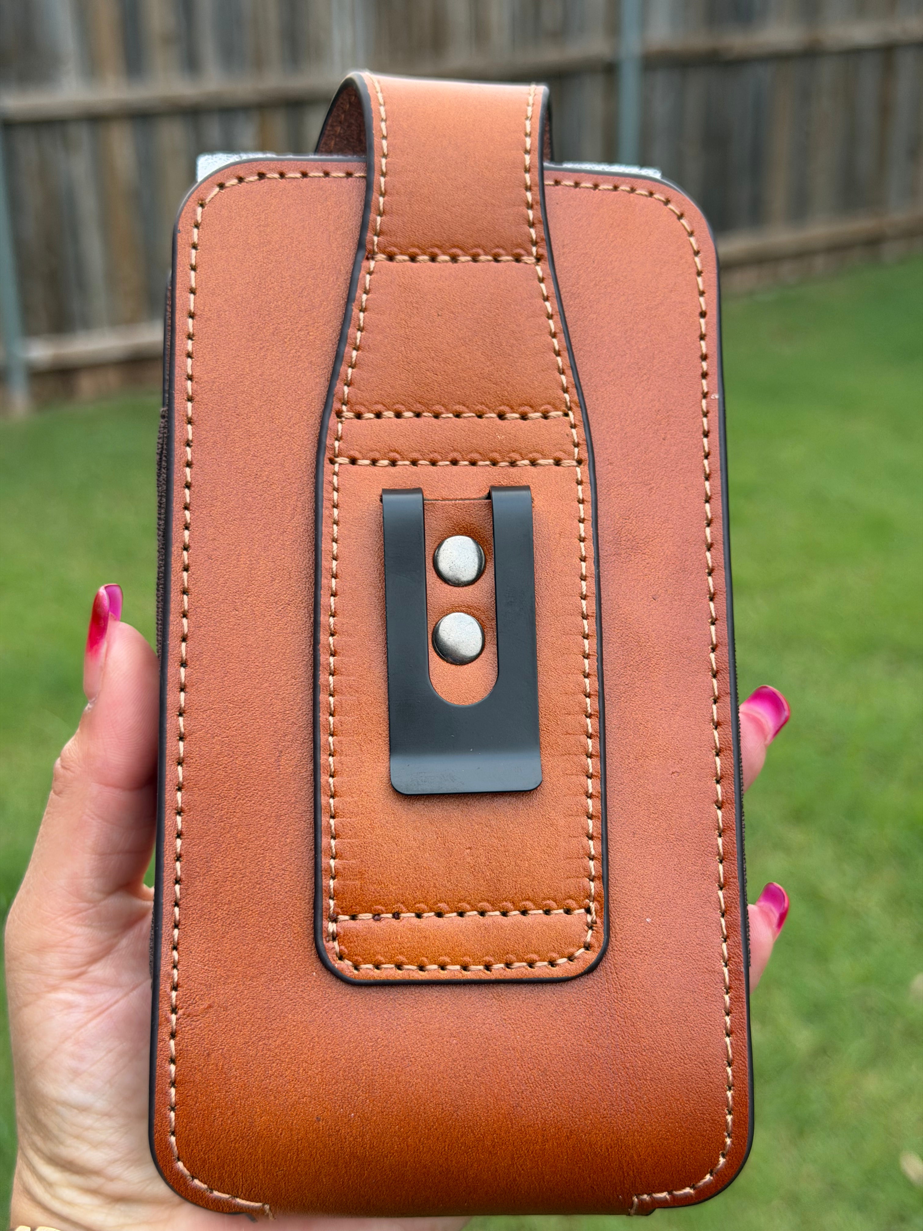 Western Genuine Leather Cell Phone Holster Belt Pouch with Cross &amp; Cowboy Design – Magnetic Flap &amp; Knife Holder